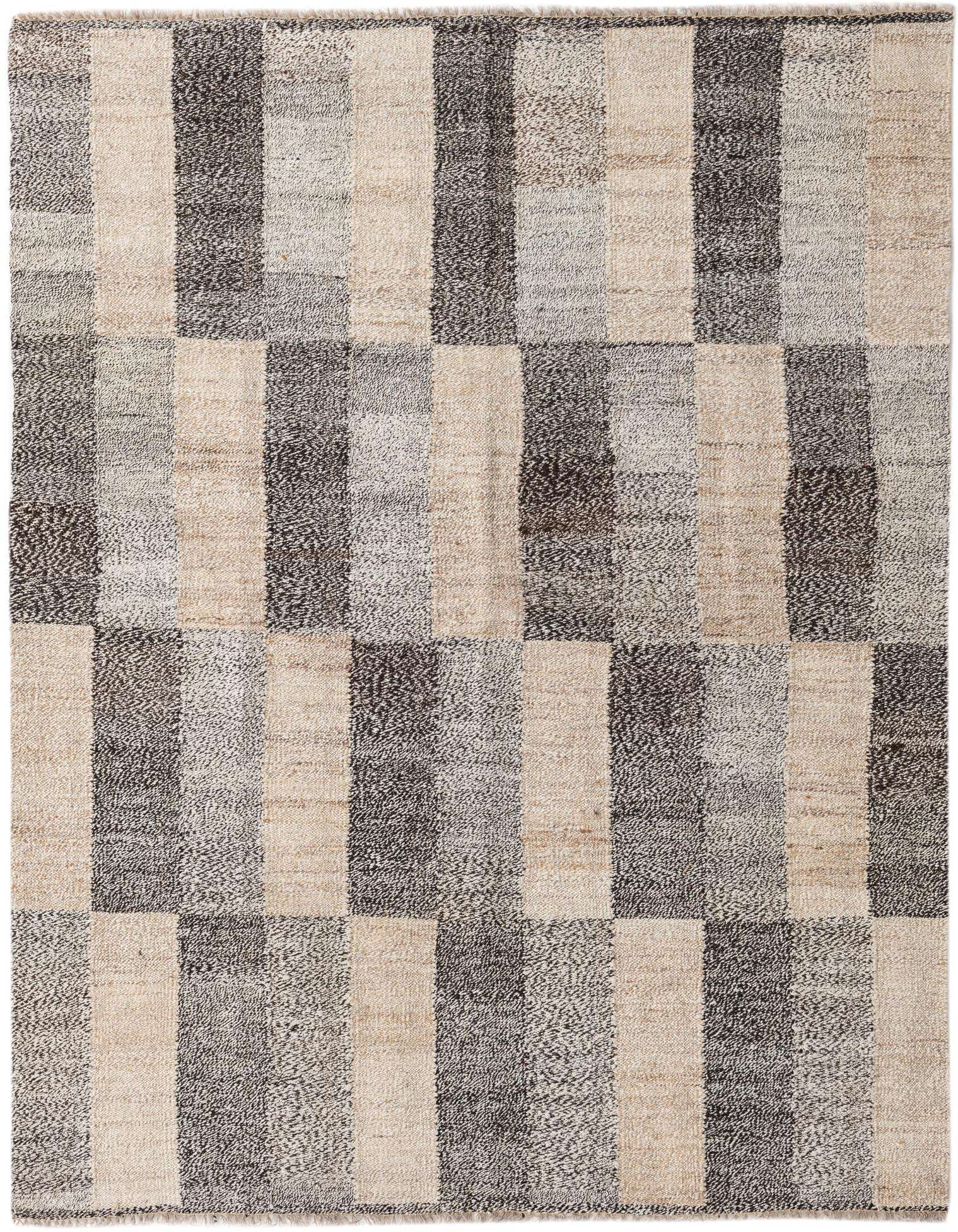 A 4x6 rectangular Kilim Modern wool rug featuring a multi-colored tribal abstract pattern with varying shades of brown, beige, and gray.