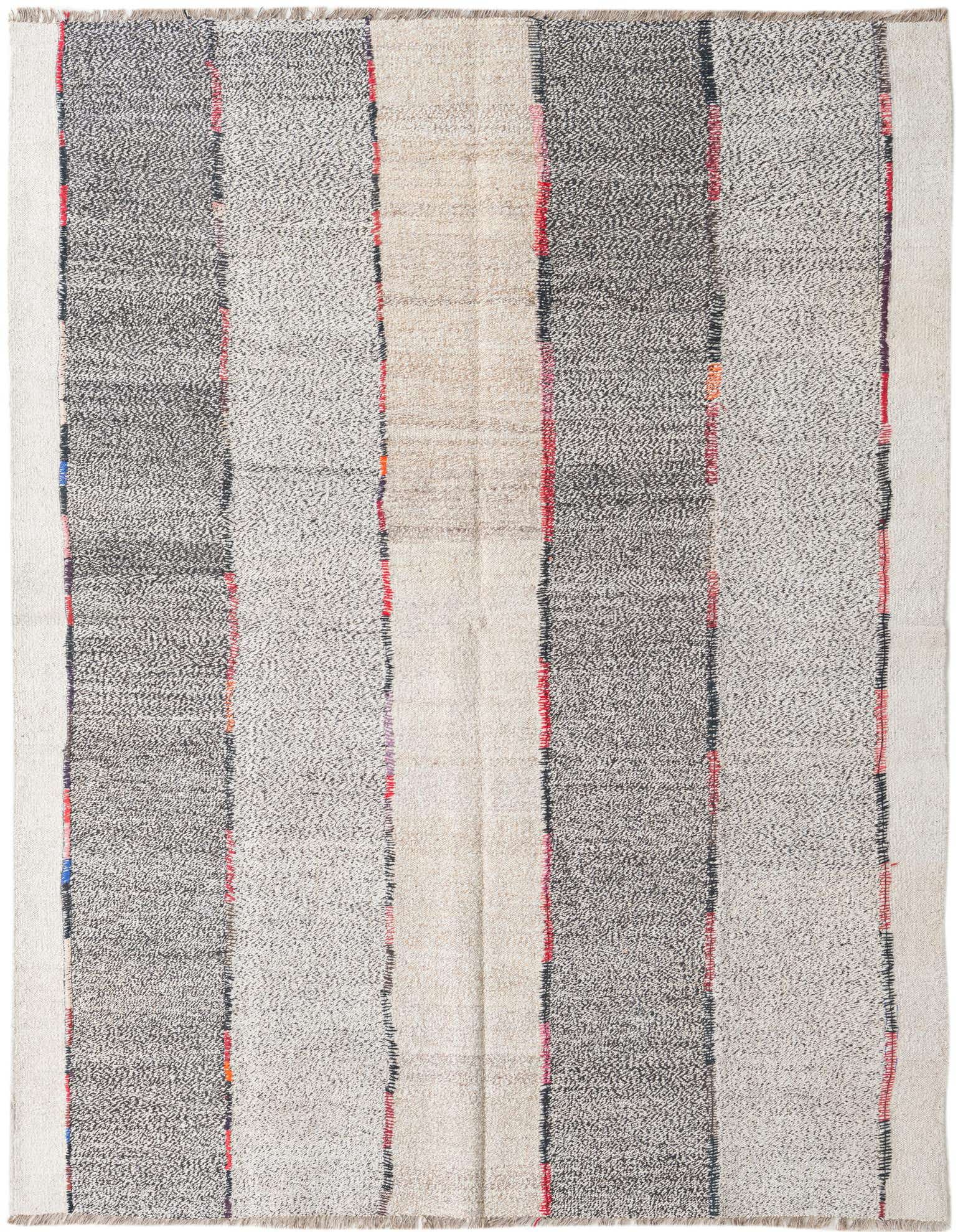 A 6x9 rectangular multi-colored tribal flatweave rug with alternating stripes of light and dark gray, beige, and thin colorful accents.