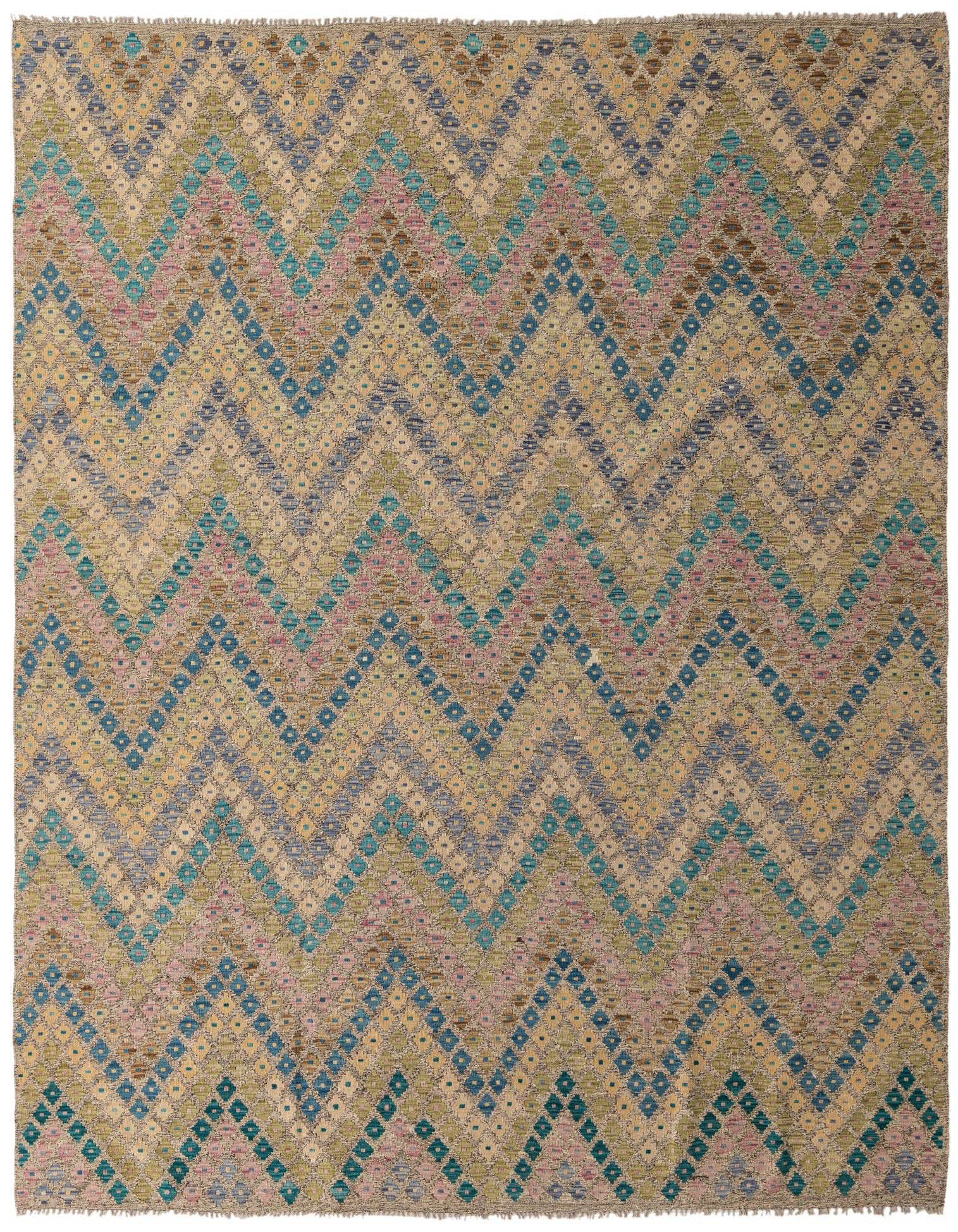 A 9x11 rectangular multi-colored wool flatweave rug with a modern tribal zigzag pattern.