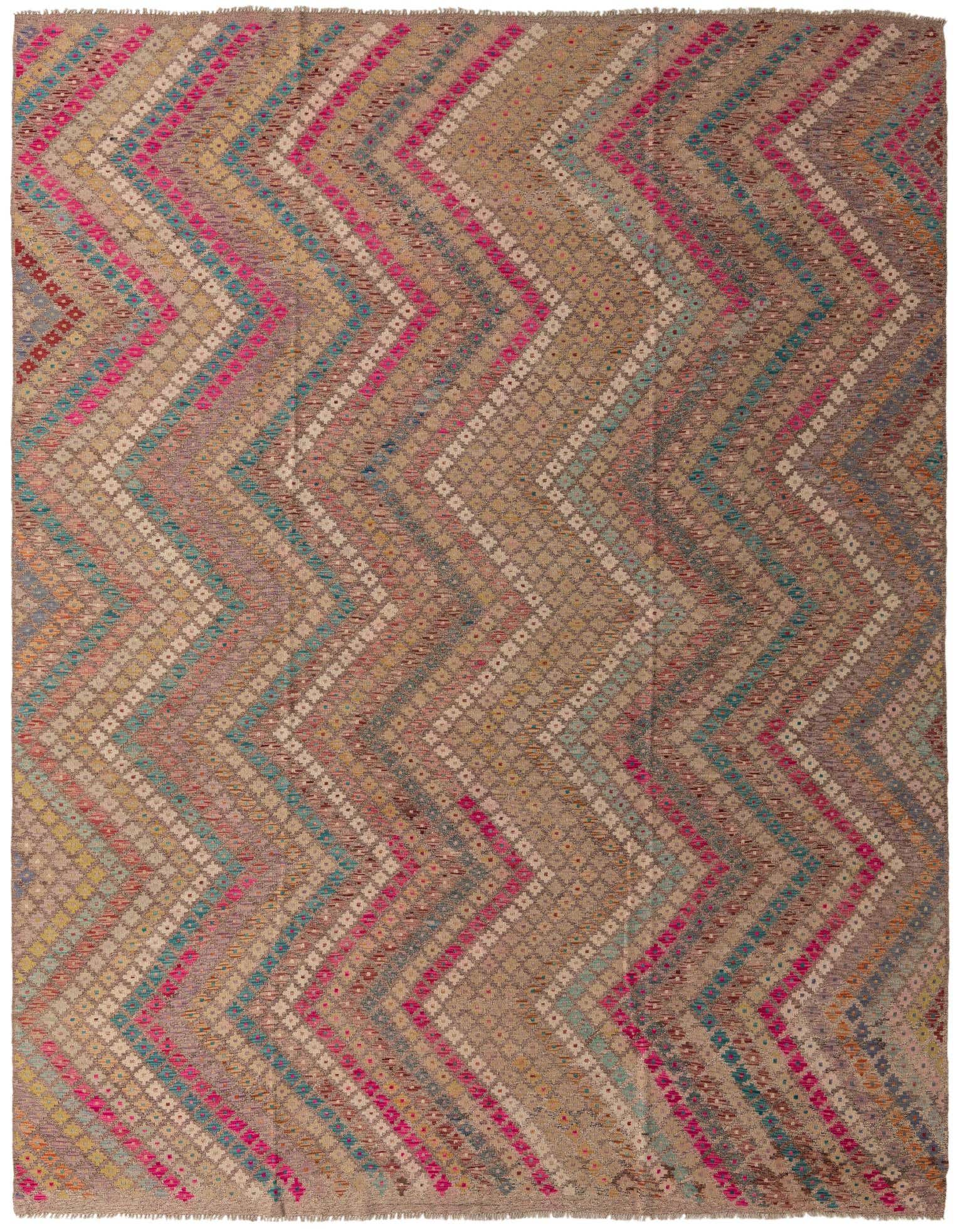 A 9x12 multi-colored rectangular wool rug with a vibrant tribal chevron pattern, ideal for a living room.