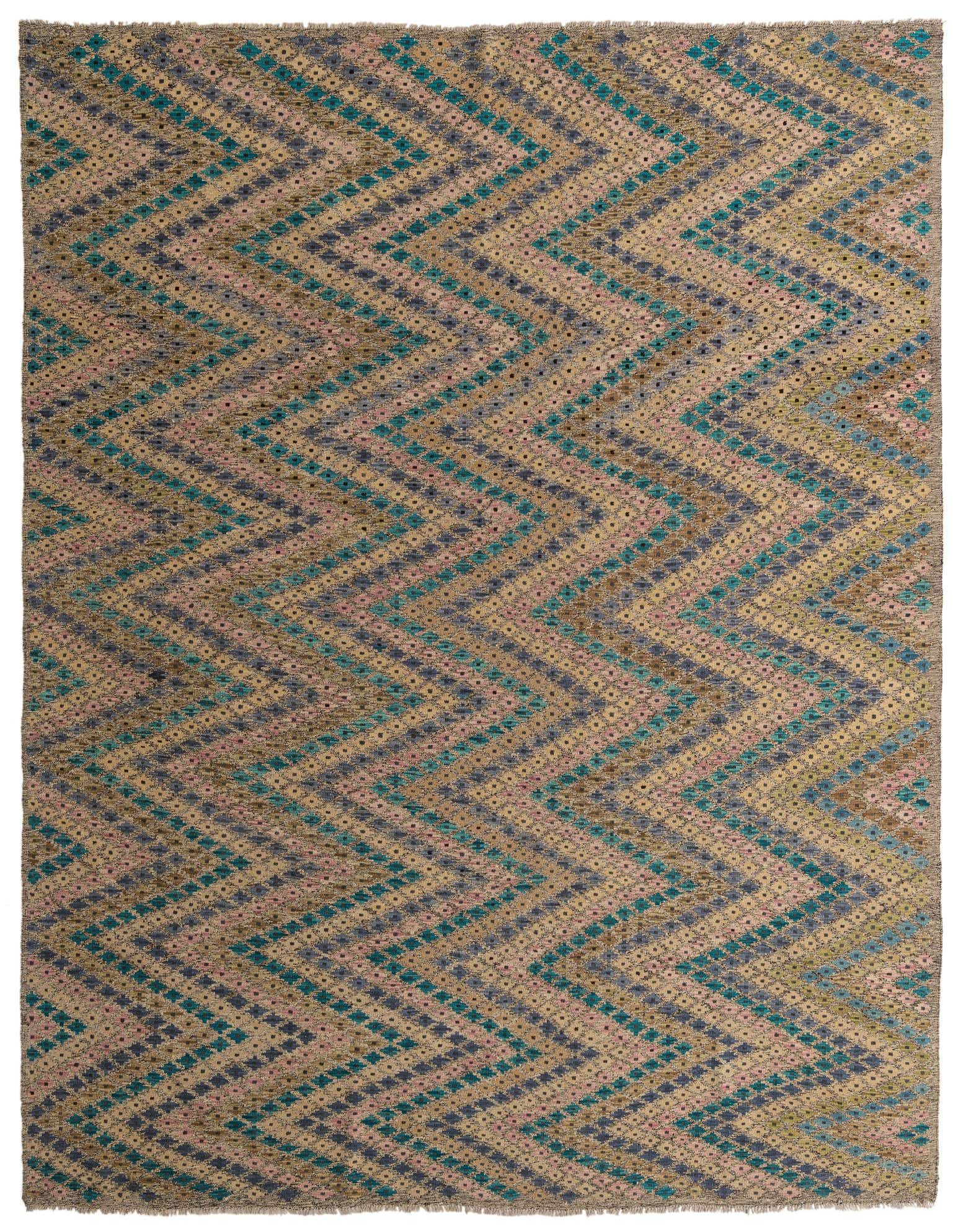 A 10x13 rectangular multi-colored wool flatweave rug featuring a modern tribal zigzag pattern with teal, pink, and blue accents.