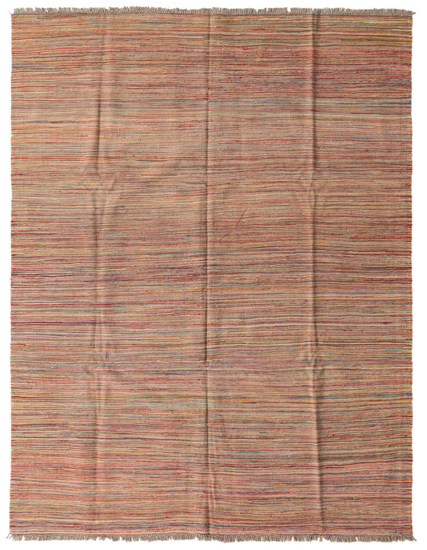 A 5x8 rectangular Kilim Modern rug with multi-colored horizontal stripes and fringed ends, suitable for a living room.