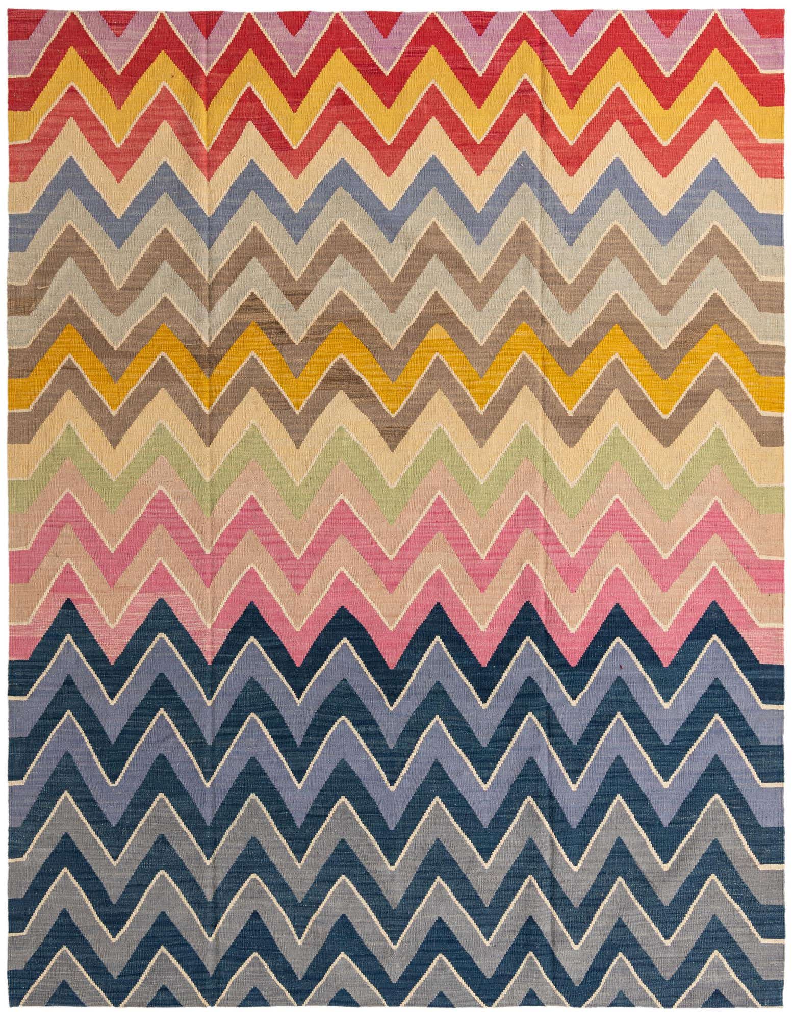 A vibrant 8x10 rectangular flatweave rug with a multi-colored chevron pattern, featuring red, yellow, blue, pink, and green stripes.