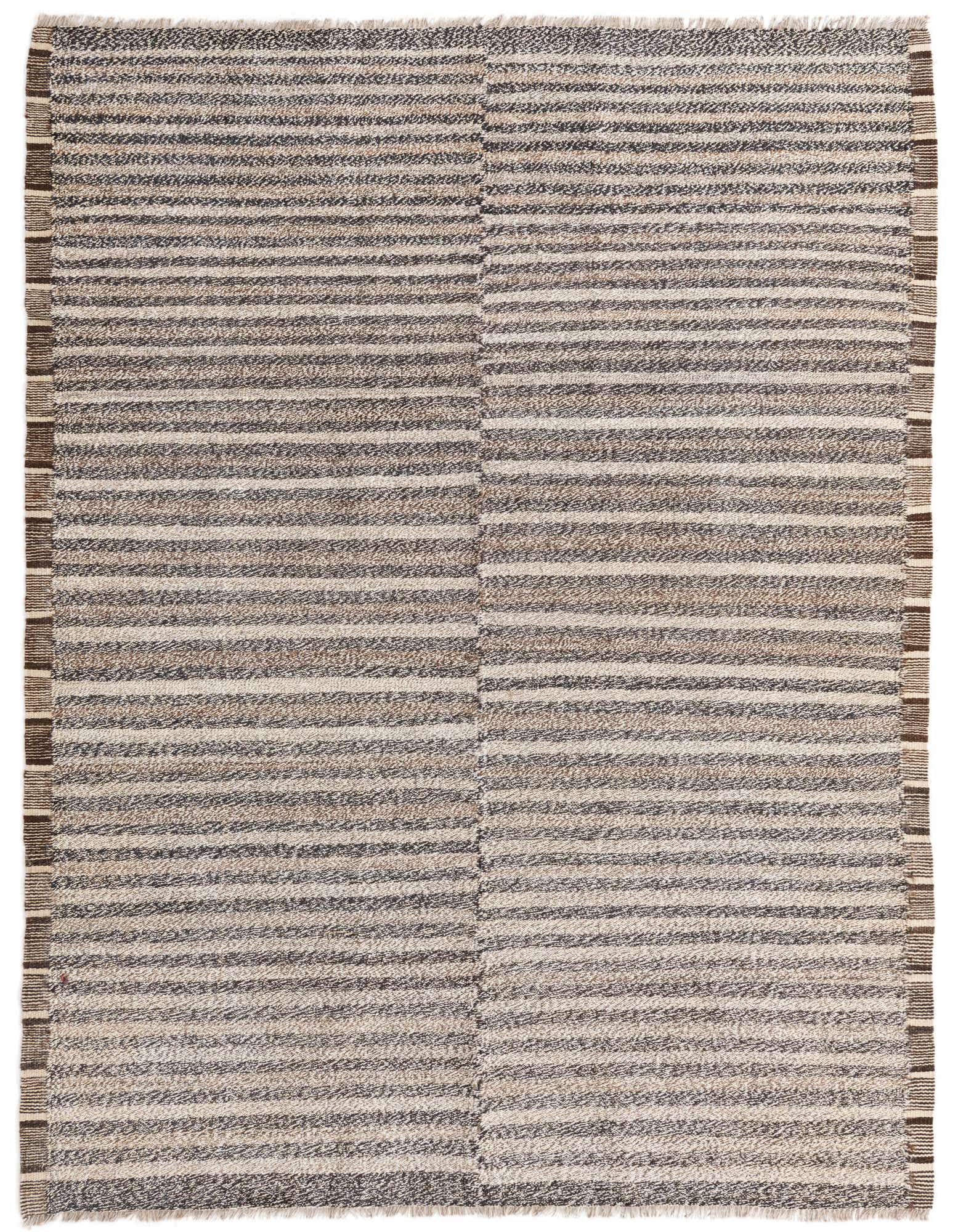 A 6x9 rectangular Kilim Modern wool rug with horizontal stripes in varying shades of brown, beige, and off-white.