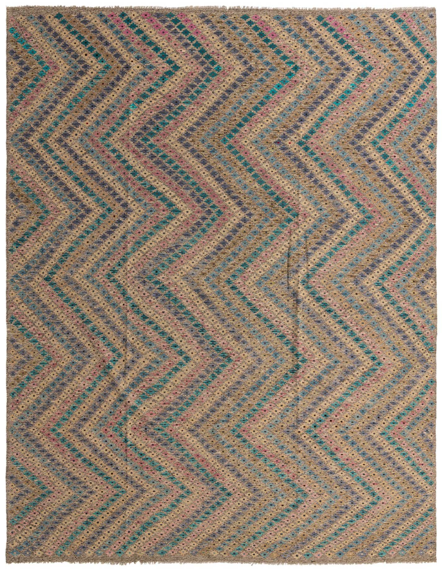 A 9x12 multi-colored flatweave wool rug featuring a modern tribal zigzag pattern in teal, pink, and blue hues.