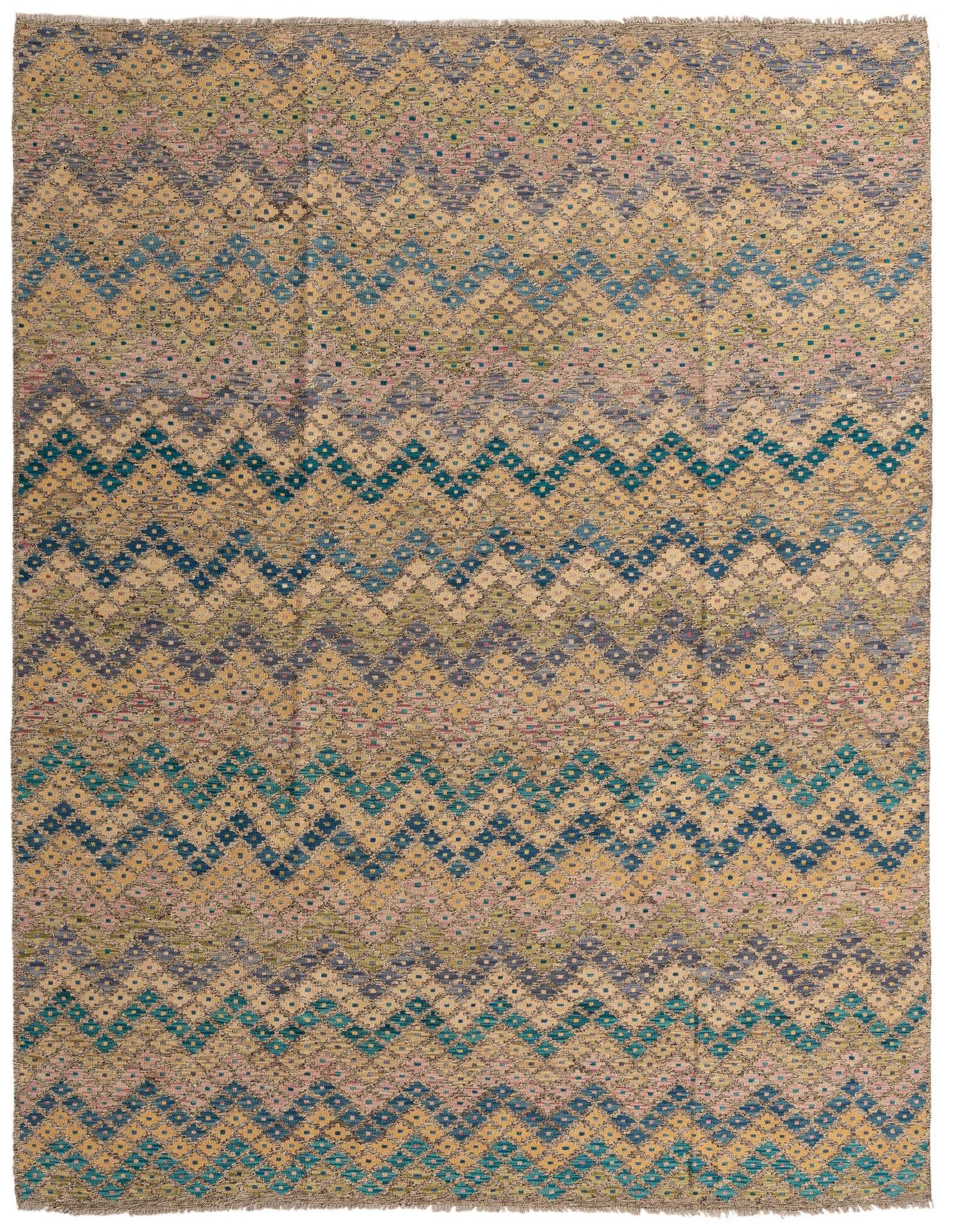 A rectangular 8x11 Kilim Modern rug with a multi-colored tribal abstract pattern, featuring zigzags and diamond shapes in blues, greens, pinks, and yellows on a natural wool background.