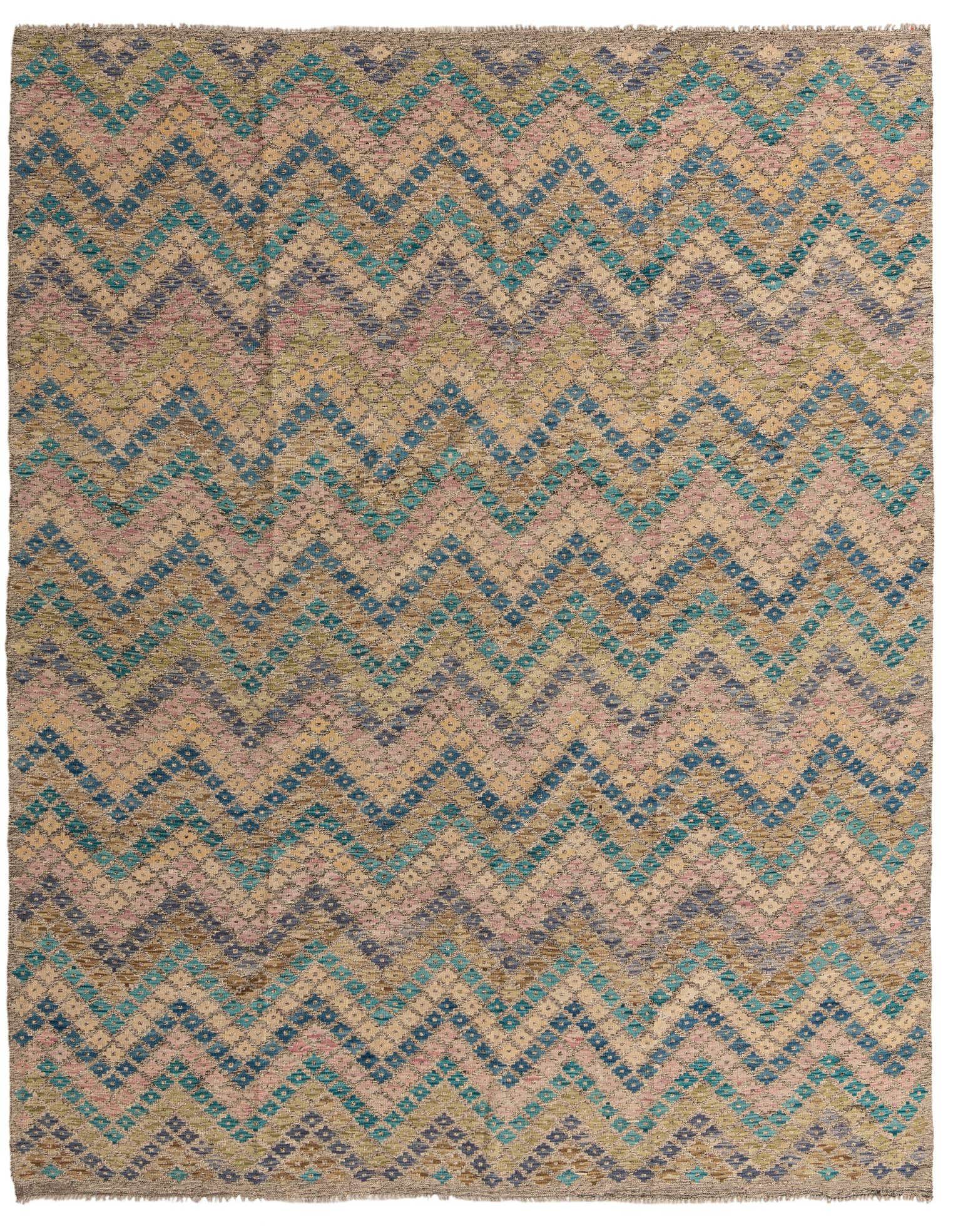 A 9x11 multi-colored flatweave wool rug with a vibrant tribal chevron pattern in blues, pinks, and greens on a natural background.