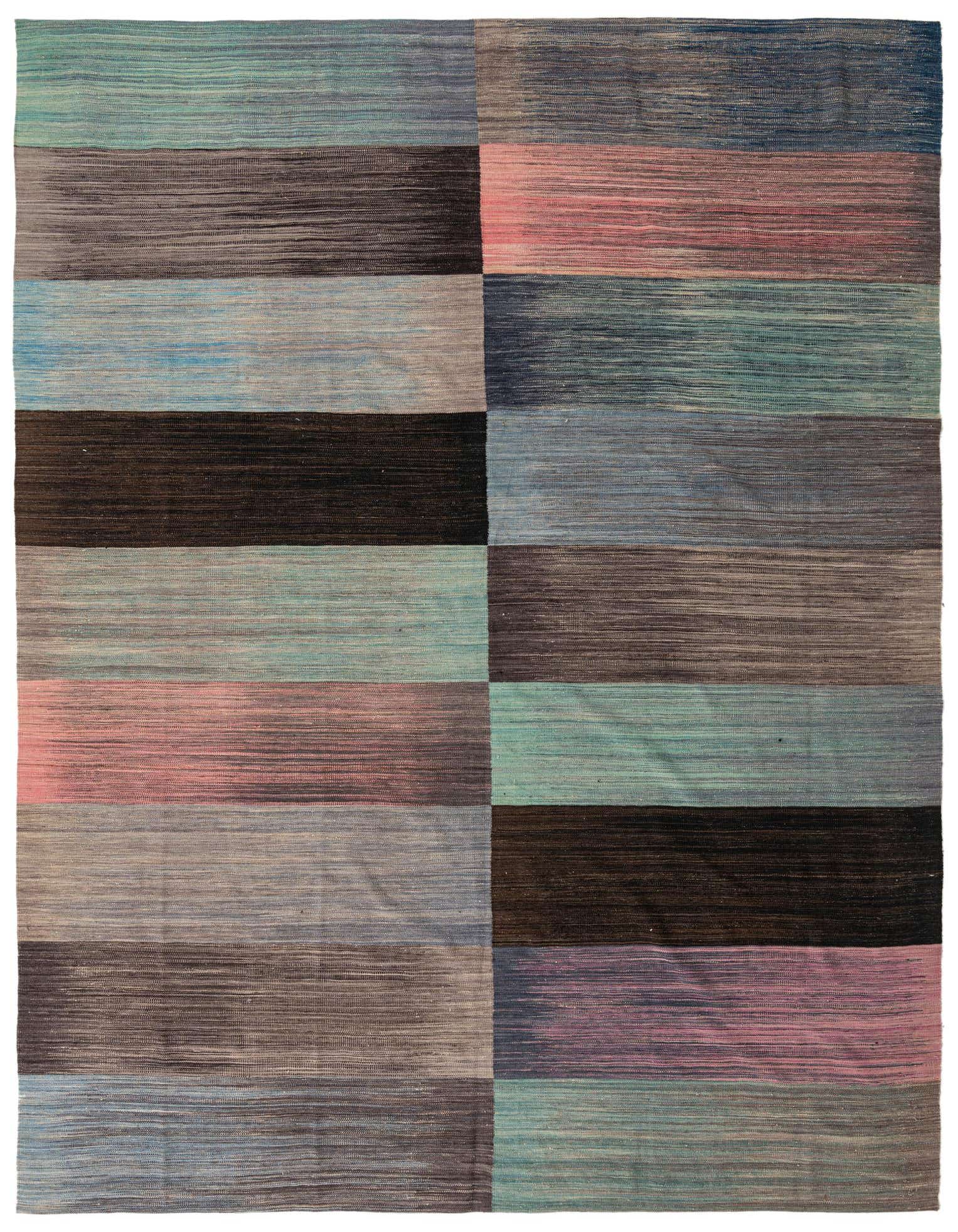 A 10x13 rectangular Kilim Modern wool rug featuring a multi-colored striped pattern in varying shades of blue, pink, brown, and grey.