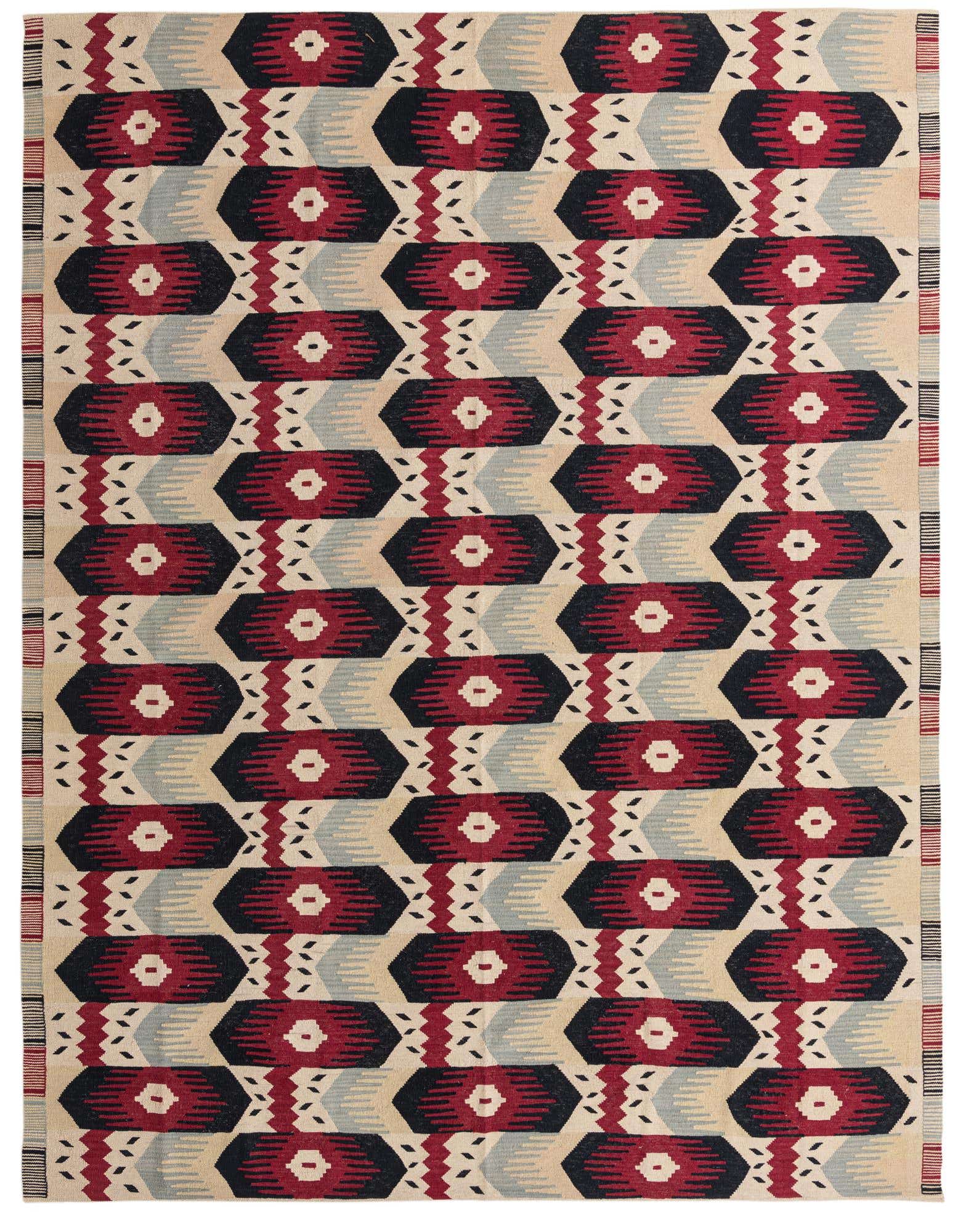 A 9x11 rectangular multi-colored wool flatweave rug featuring a tribal, modern, and abstract pattern with red, black, and light blue geometric shapes on a cream background.