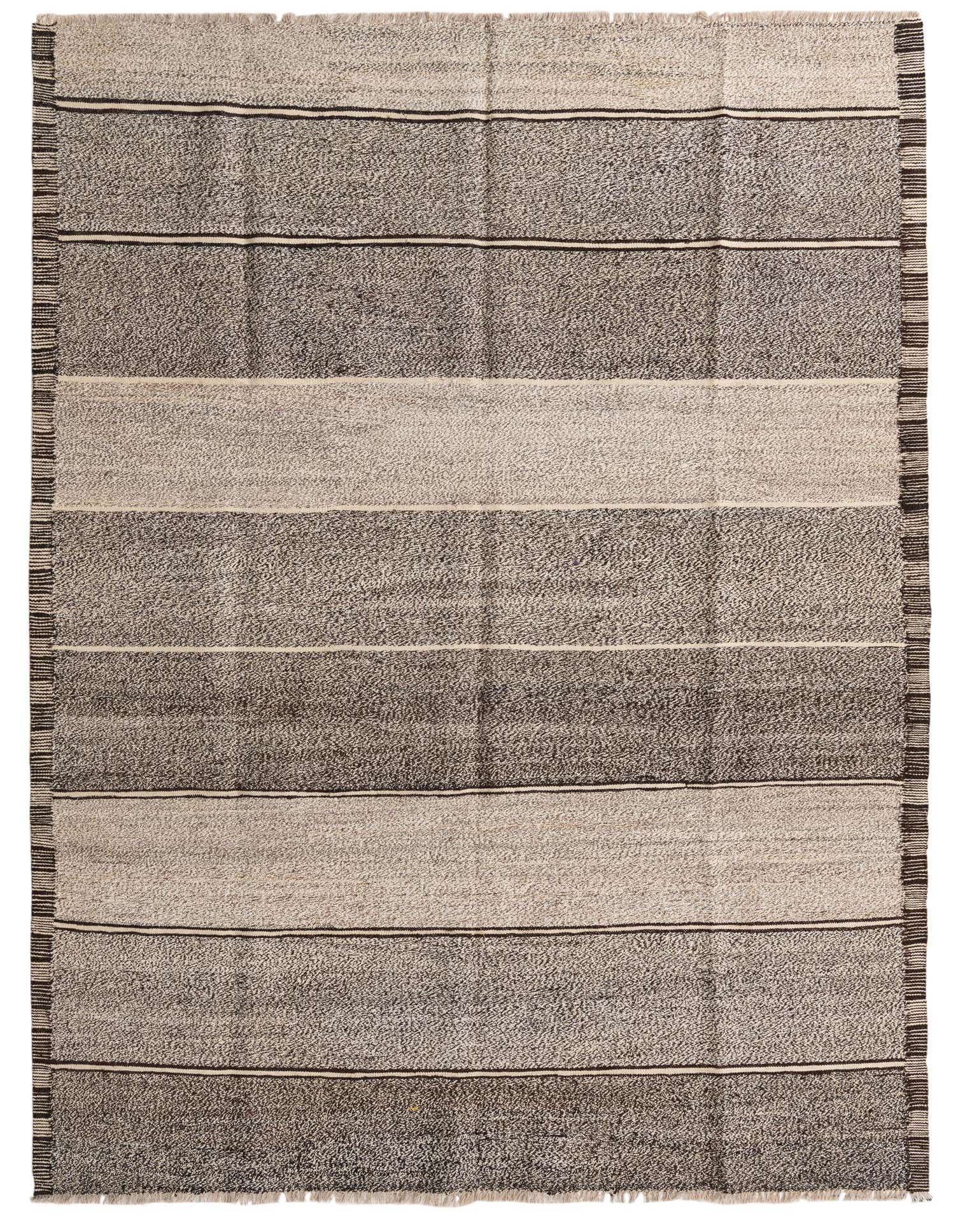 A 6x9 rectangular Kilim Modern rug with alternating horizontal stripes of dark gray and light beige, featuring a subtle tribal pattern and fringe.
