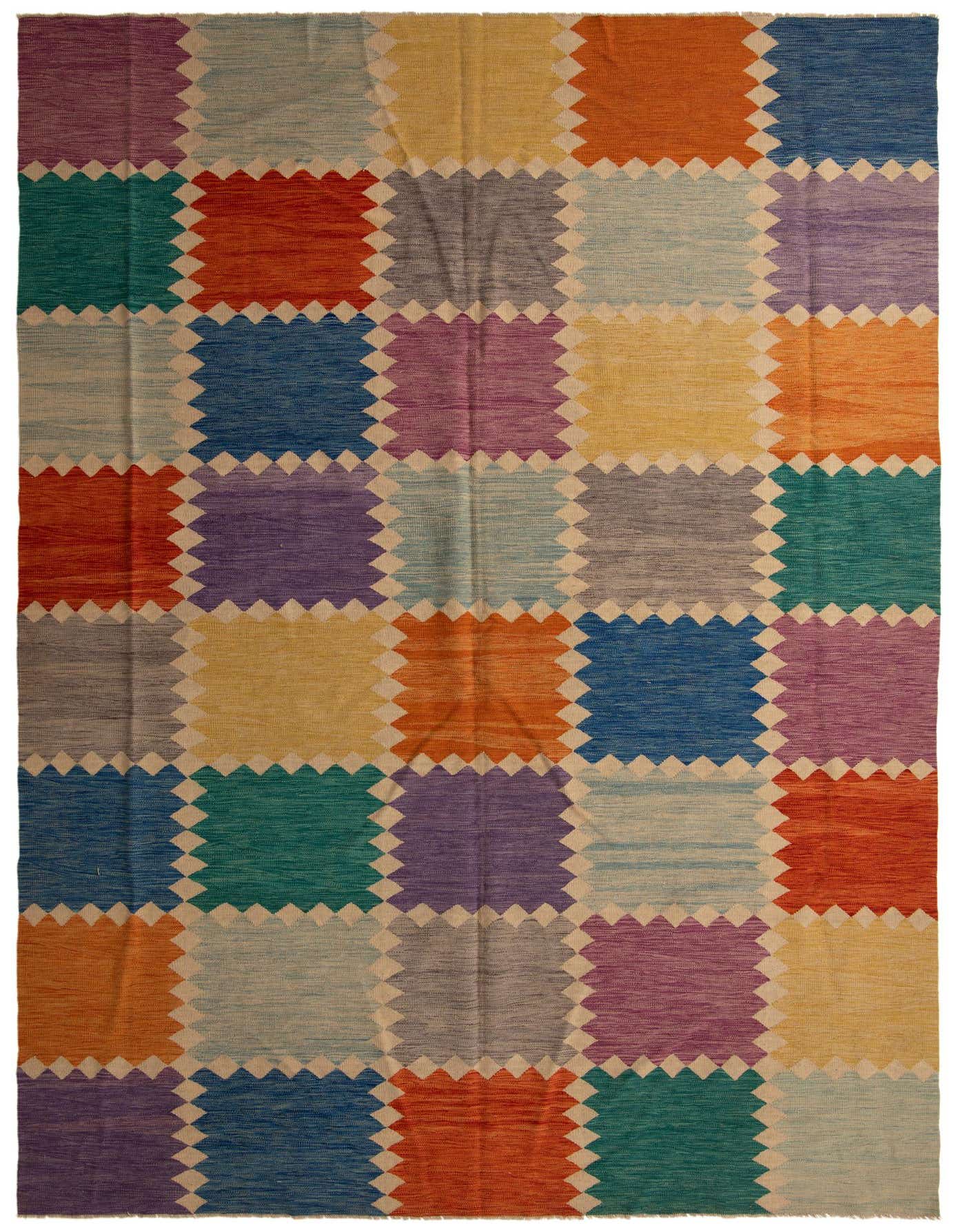 A 10x14 multi-colored rectangular Kilim Modern wool rug featuring a vibrant patchwork of squares in various hues.