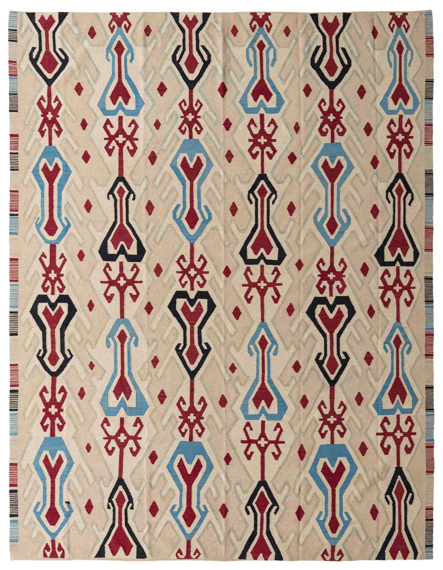 A 9x12 rectangular Kilim Modern rug with a multi-colored tribal pattern on a light beige background, featuring abstract red, blue, and black motifs.