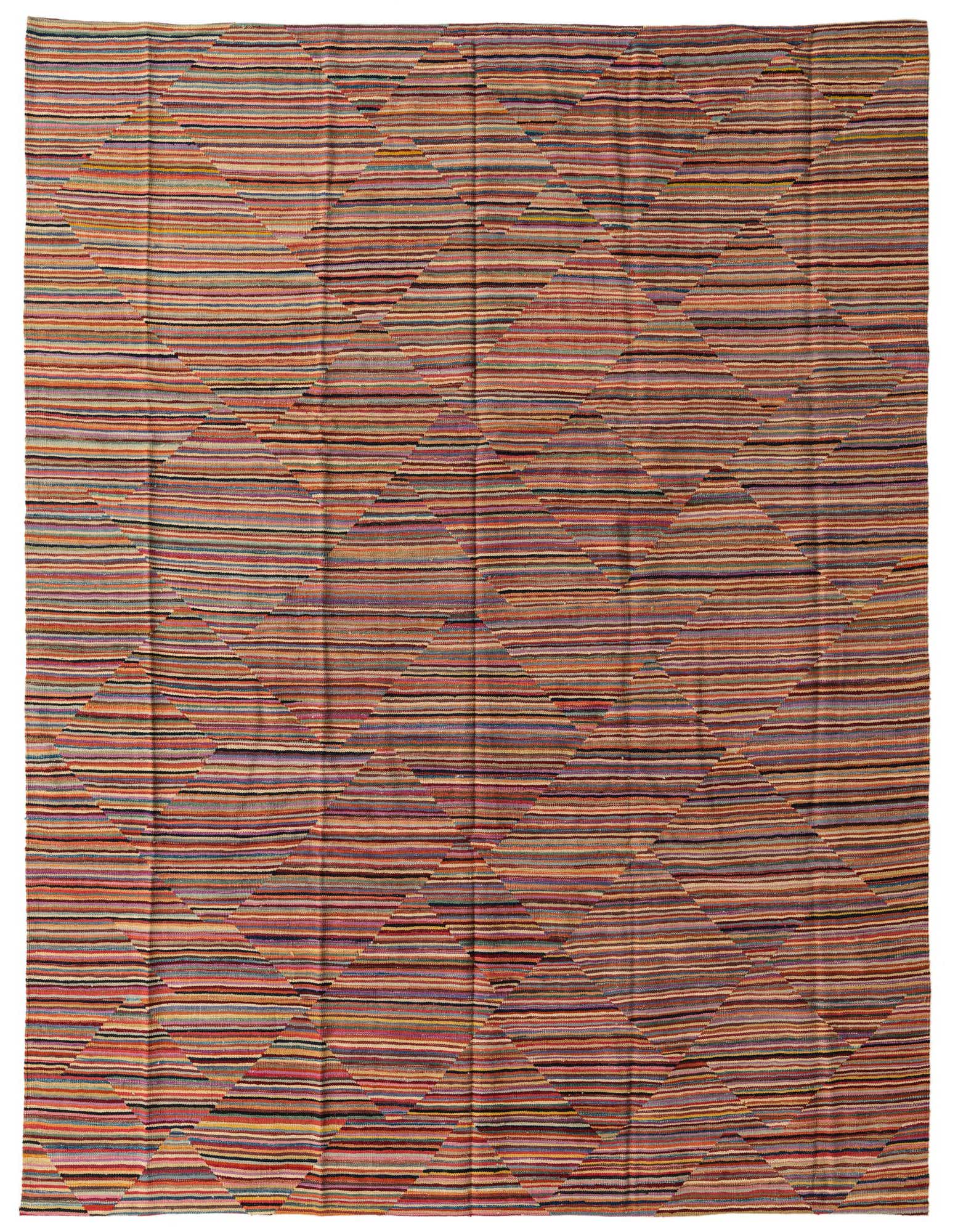 A vibrant 8x10 multi-colored flatweave wool rug with a tribal stripe and diamond pattern, perfect for a living room.