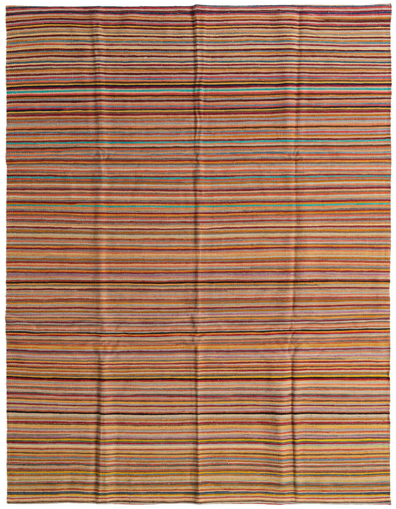 A 6x9 rectangular multi-colored striped flatweave wool rug, featuring thin horizontal lines in various earthy and vibrant tones.