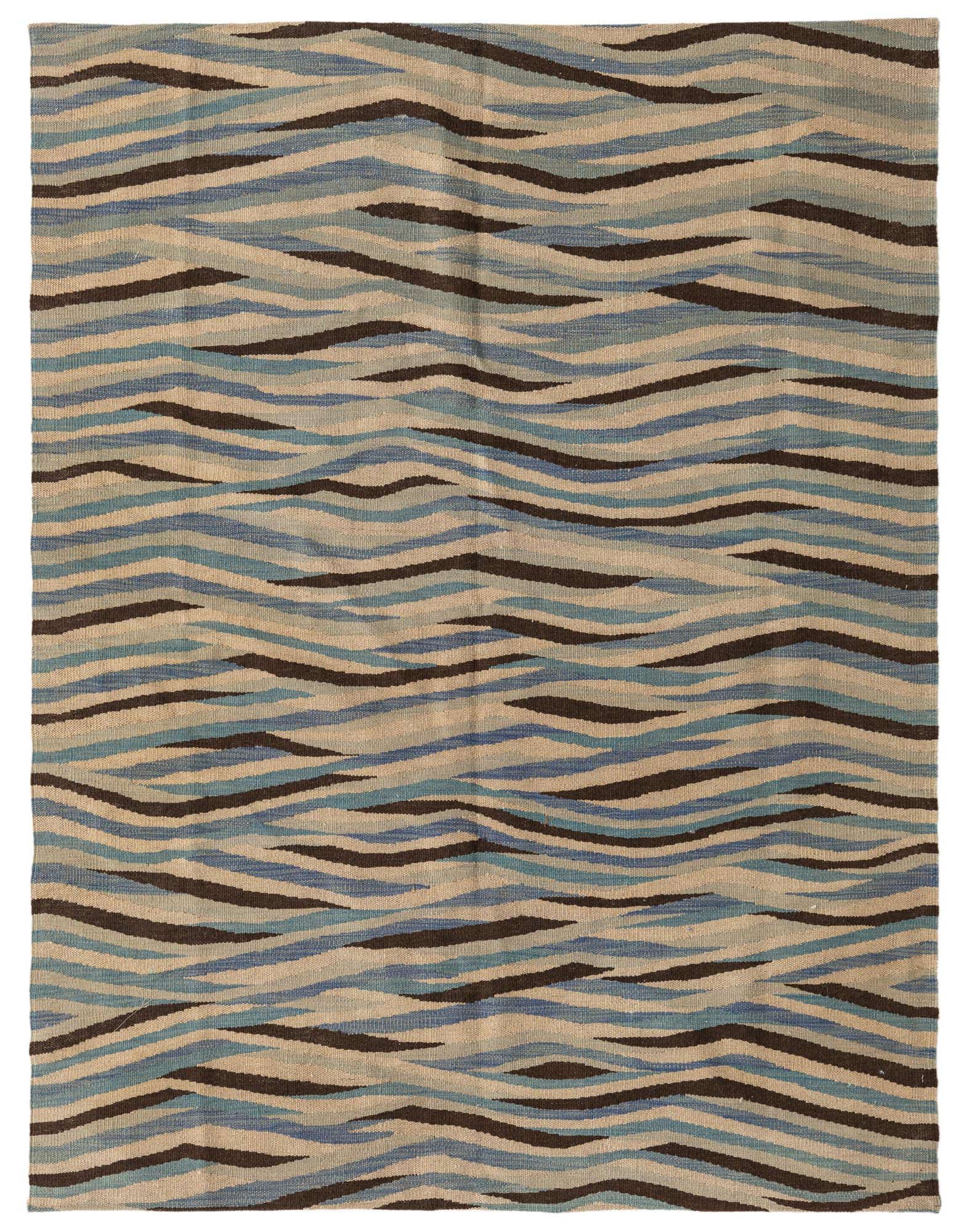 A 4x6 rectangular Kilim Modern rug with a multi-colored abstract tribal pattern in shades of blue, brown, and beige.