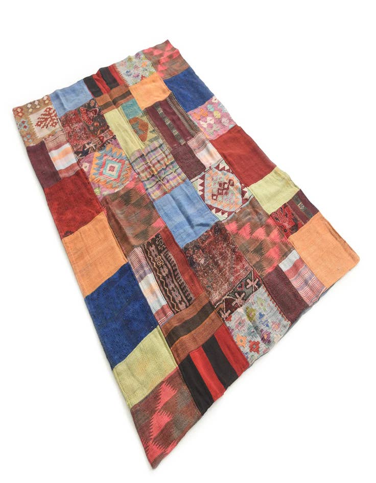 Detail image of  4' 1 x 6'  Hand Woven Kilim Patchwork Wool Rug