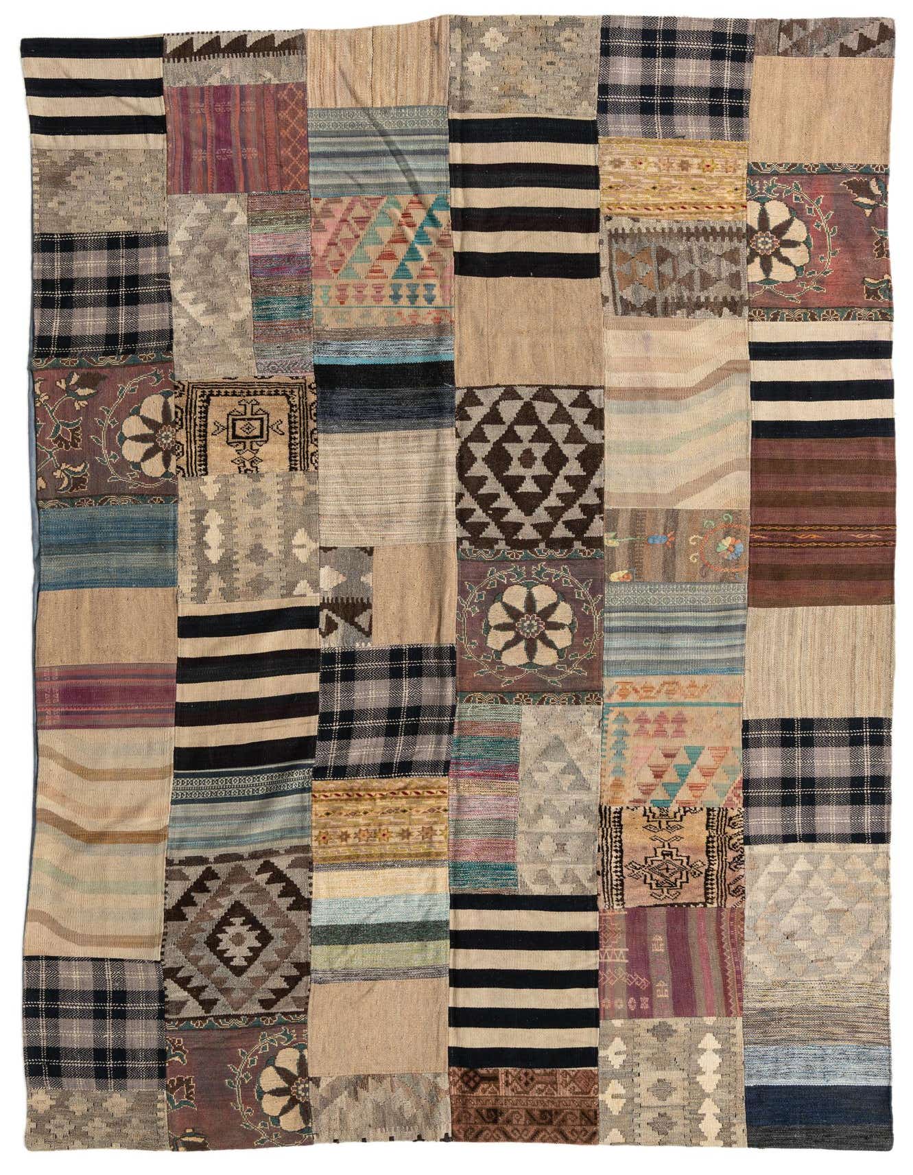 A 7x10 rectangular multi-colored Kilim Patchwork rug, handmade with various wool patches in Country, Southwestern, Tribal, Modern, Oriental, and Abstract patterns.