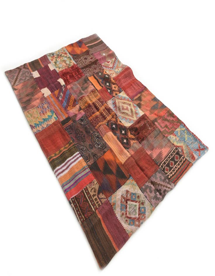 Detail image of  4' 1 x 6'  Hand Woven Kilim Patchwork Wool Rug