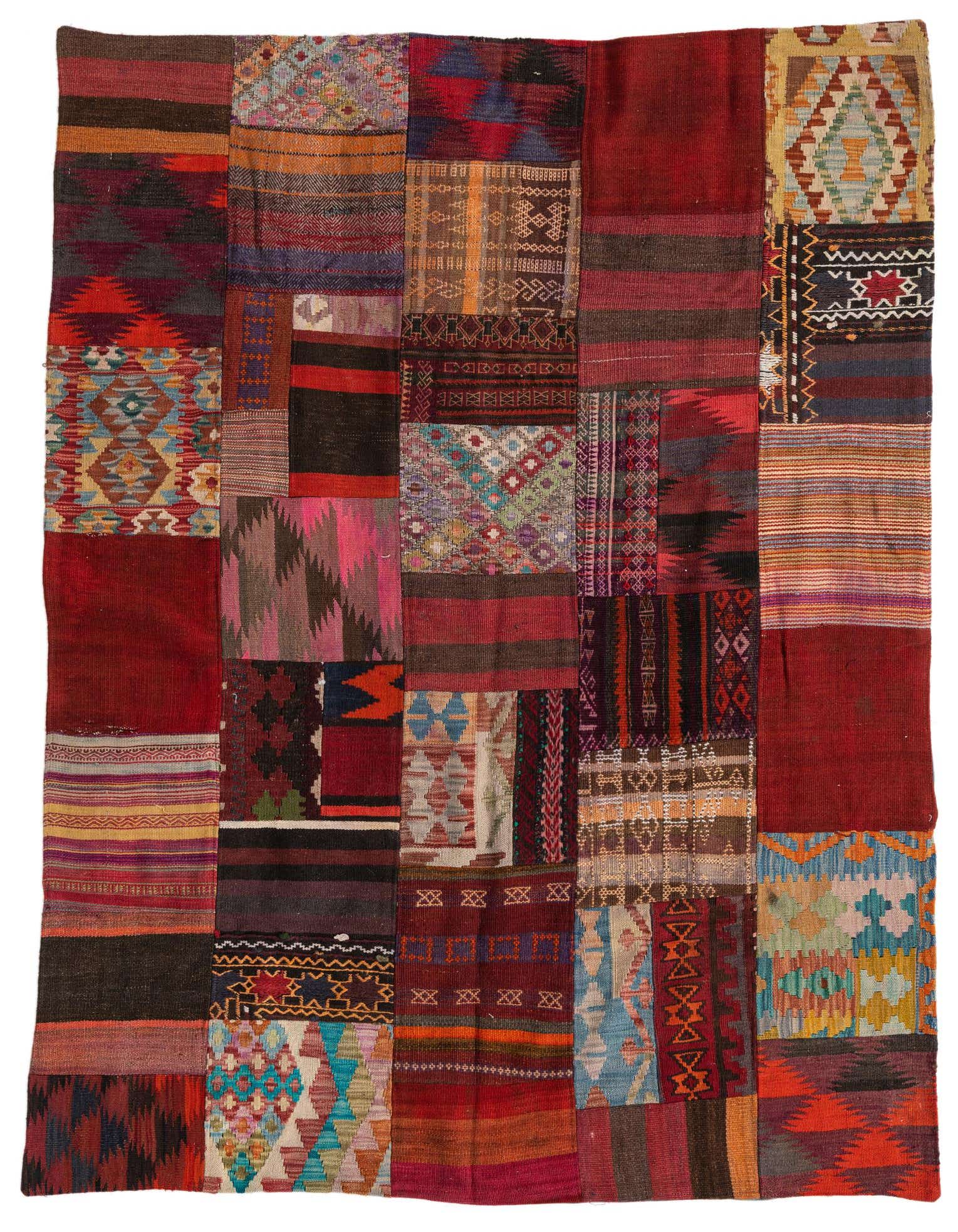 A 5x8 rectangular Kilim Patchwork rug with a vibrant, multi-colored design featuring various tribal and geometric patterns.