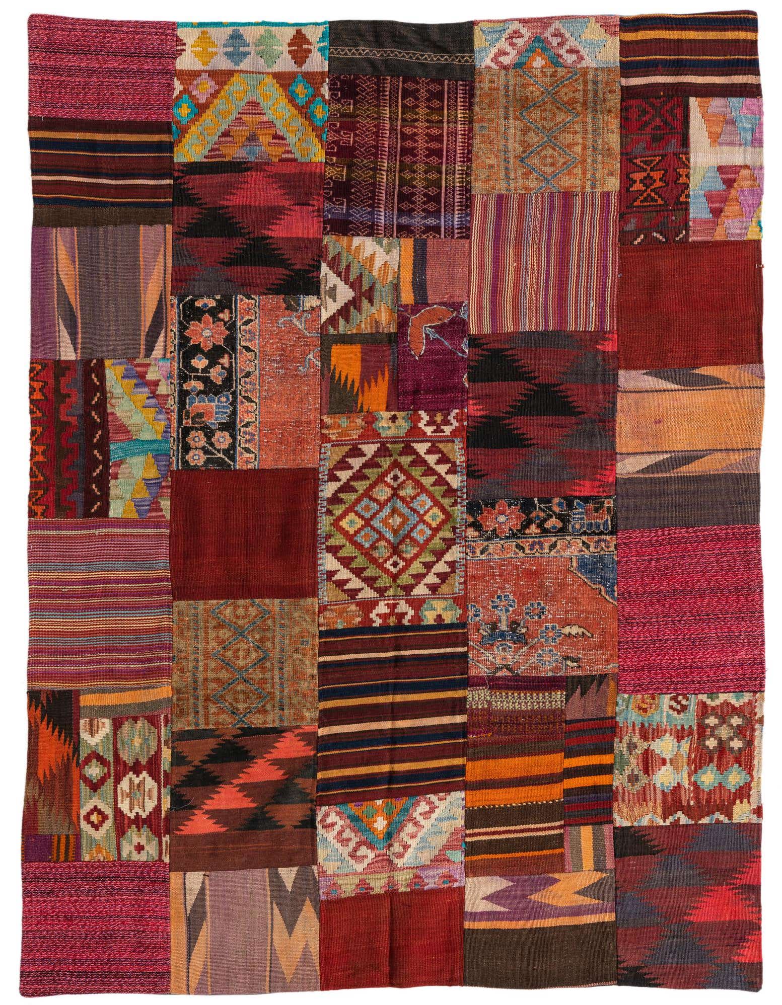 A 5x8 multi-colored rectangular Kilim Patchwork rug with Southwestern and tribal patterns, handmade from wool.
