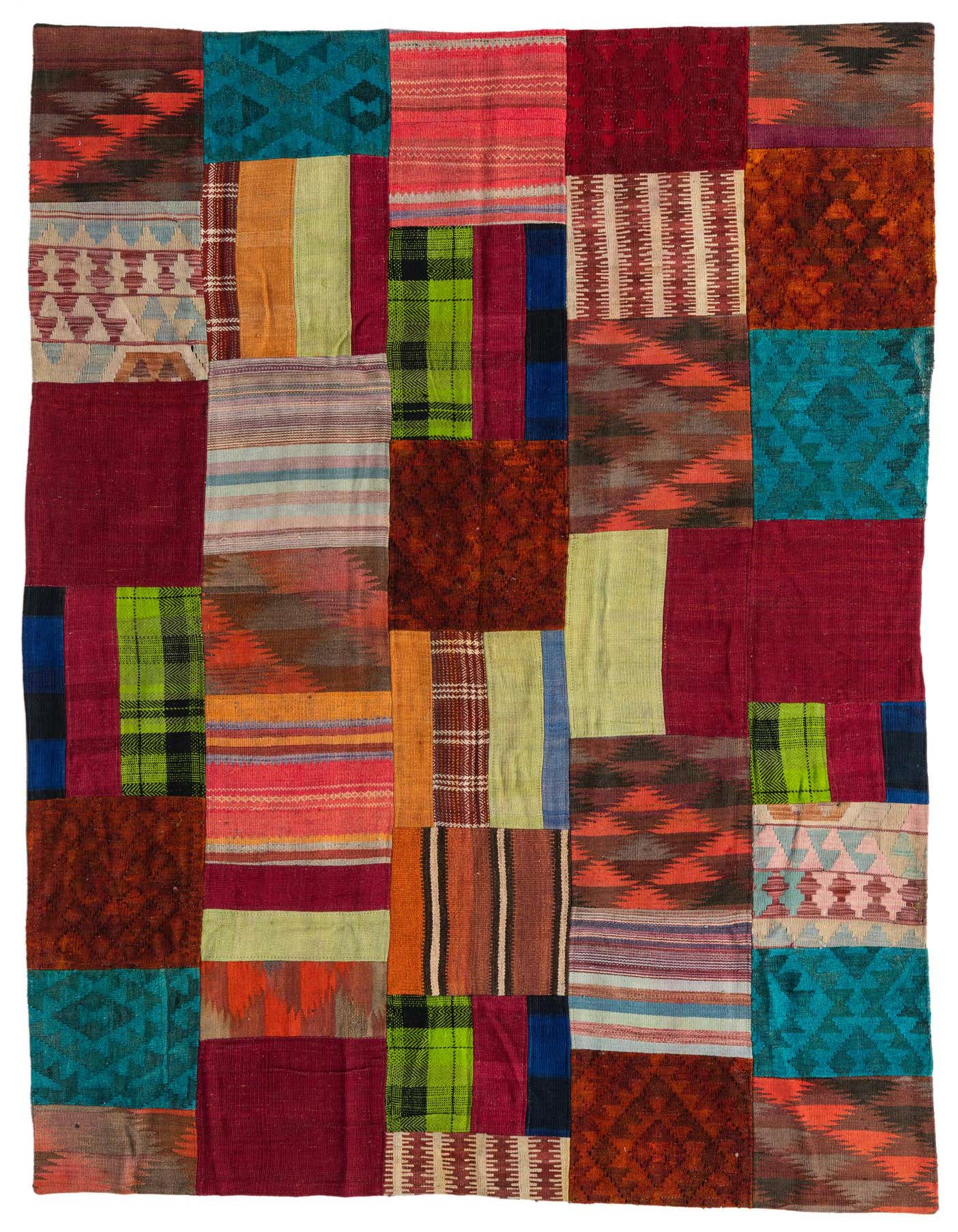 A vibrant 5x8 rectangular Kilim Patchwork rug with a multi-colored design, featuring various wool patches in Southwestern, tribal, and abstract patterns.