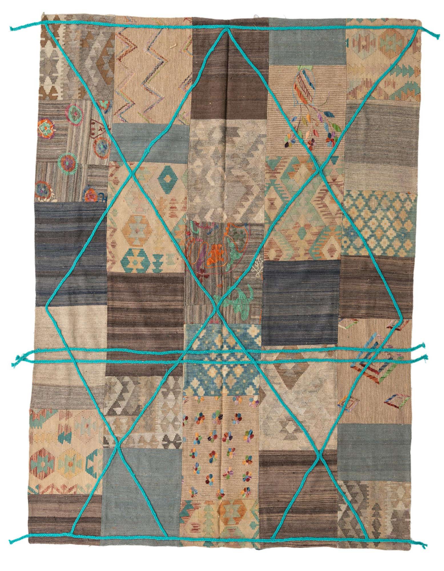 A 7x10 multi-colored rectangular Kilim Patchwork rug with tribal and abstract patterns, made of flatweave wool.