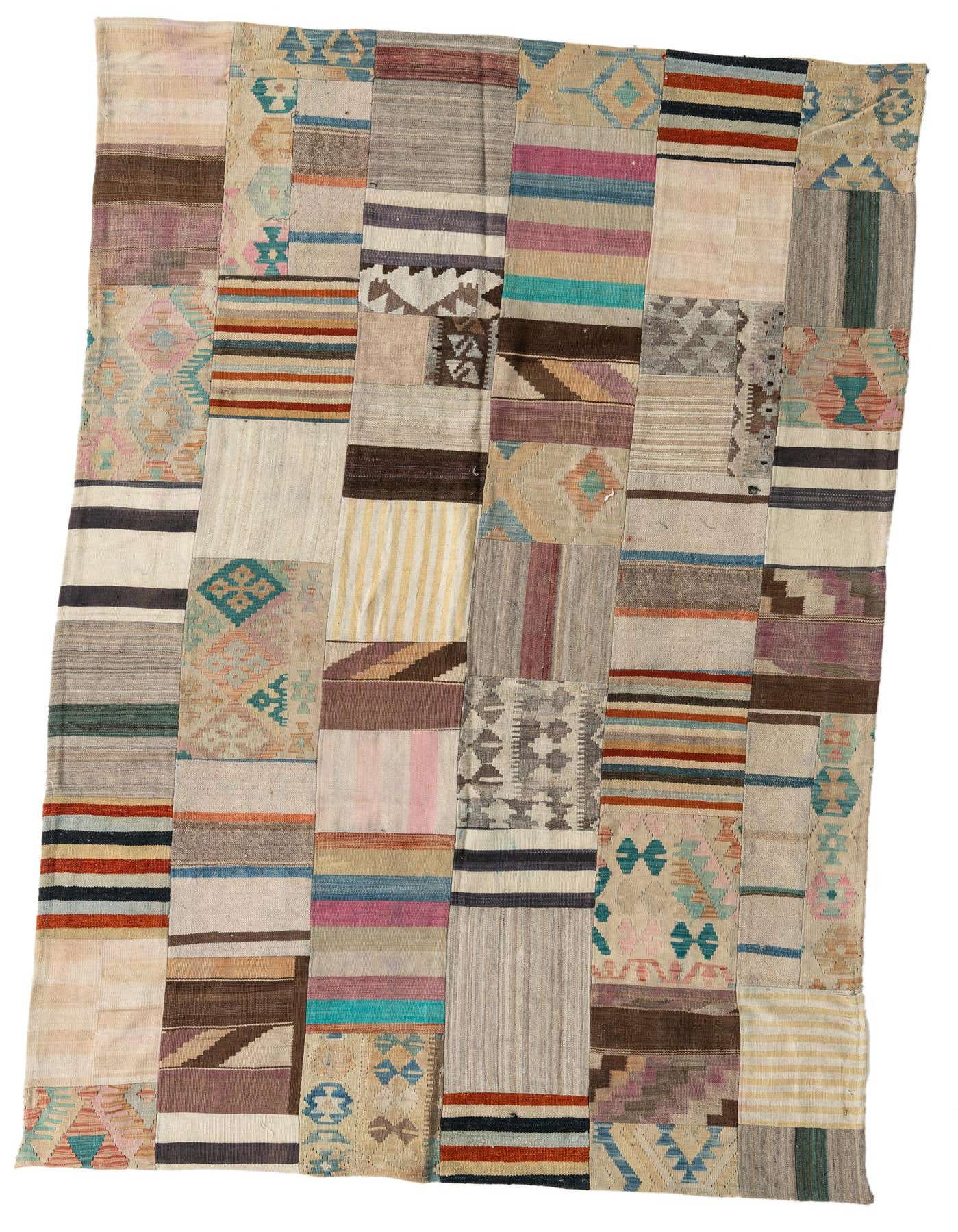 A 6x9 multi-colored rectangular Kilim Patchwork rug with Southwestern and tribal patterns, handmade from wool.