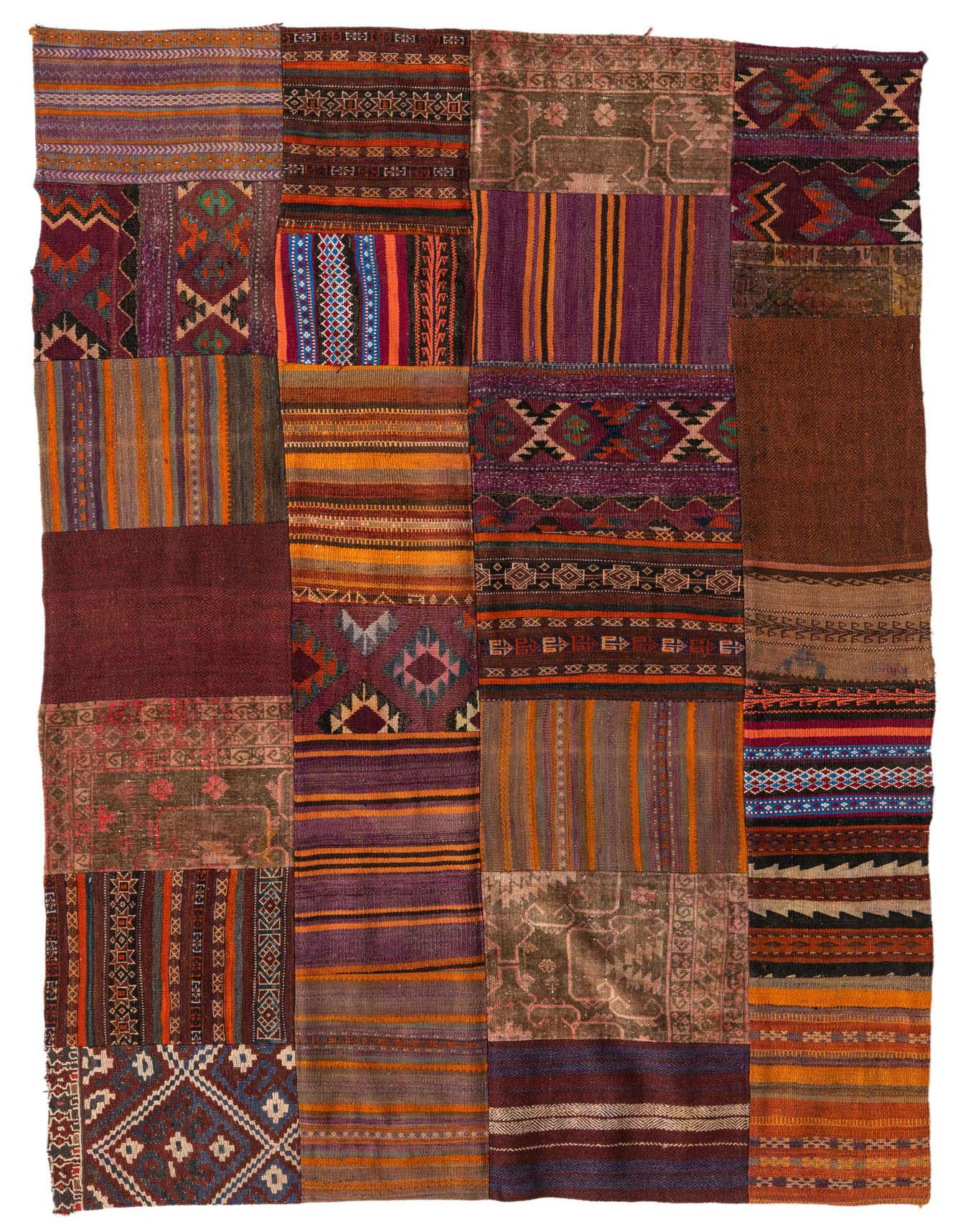 A 5x8 rectangular Kilim Patchwork rug featuring a vibrant, multi-colored design with Southwestern and tribal patterns.