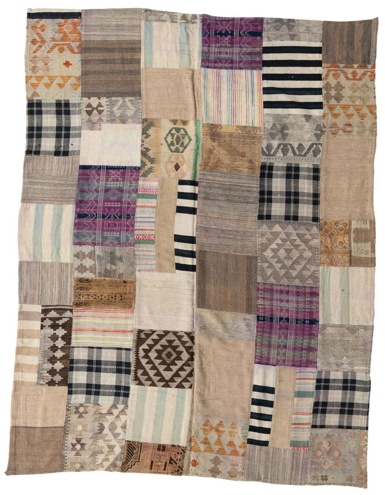 A 6x9 multi-colored rectangular Kilim Patchwork rug with Southwestern and tribal patterns, handmade from 100% wool.