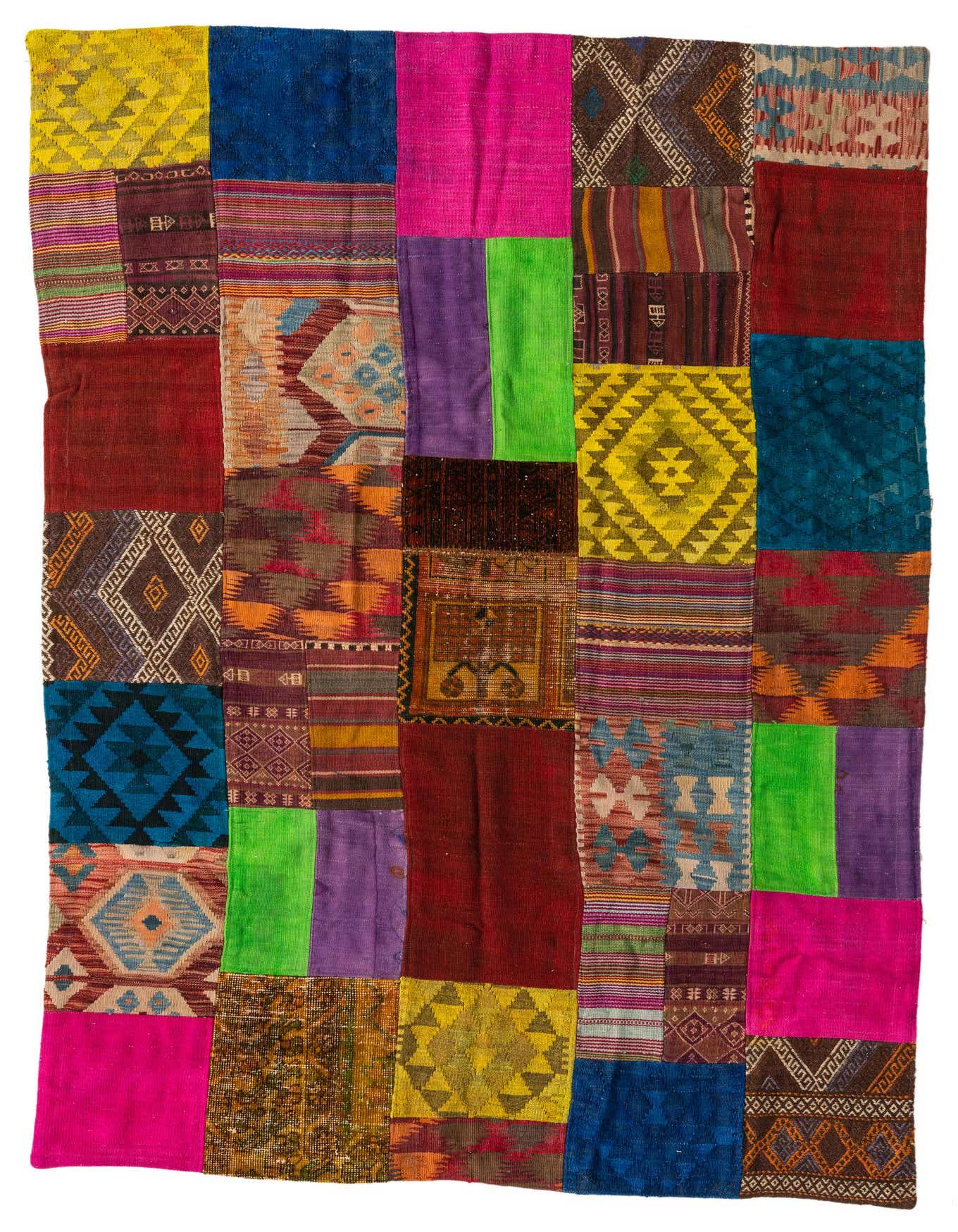 A vibrant 5x8 multi-colored rectangular Kilim Patchwork rug, handmade from wool, featuring diverse Southwestern and tribal patterns.