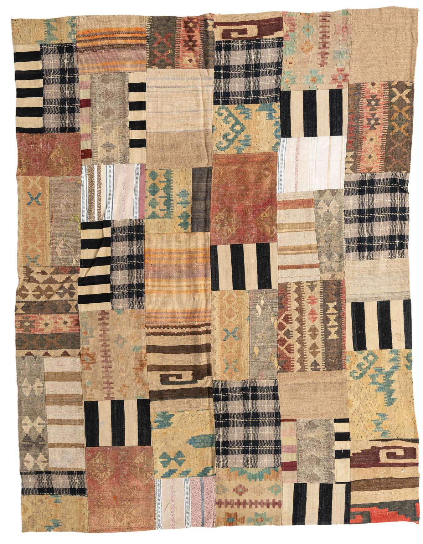A 6x9 rectangular multi-colored wool Kilim Patchwork rug with Southwestern, tribal, and abstract patterns.