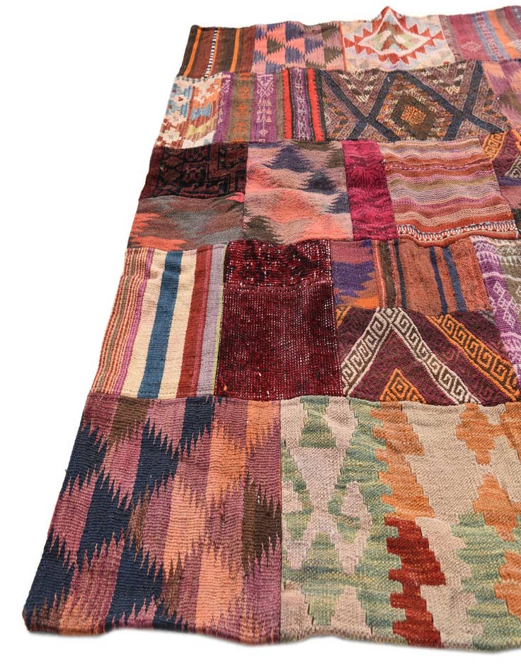Detail image of  4' 1 x 6'  Hand Woven Kilim Patchwork Wool Rug