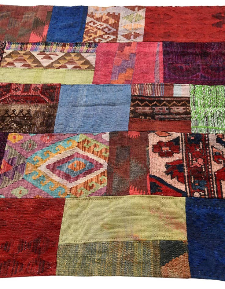 Detail image of  4' 2 x 6'  Hand Woven Kilim Patchwork Wool Rug