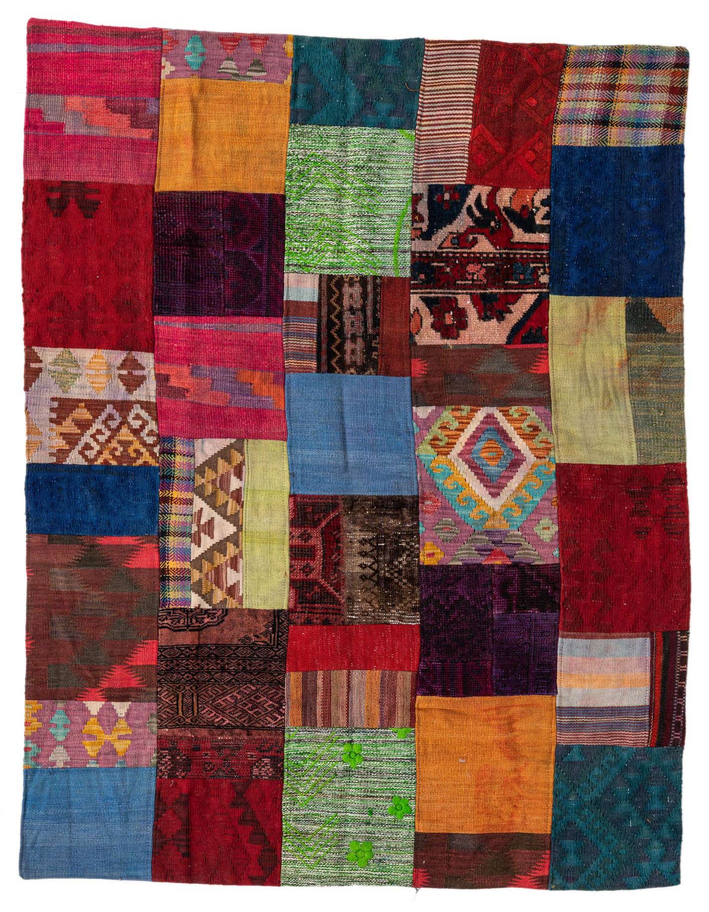 A vibrant 4x6 multi-colored rectangular Kilim Patchwork rug with various tribal and abstract patterns.