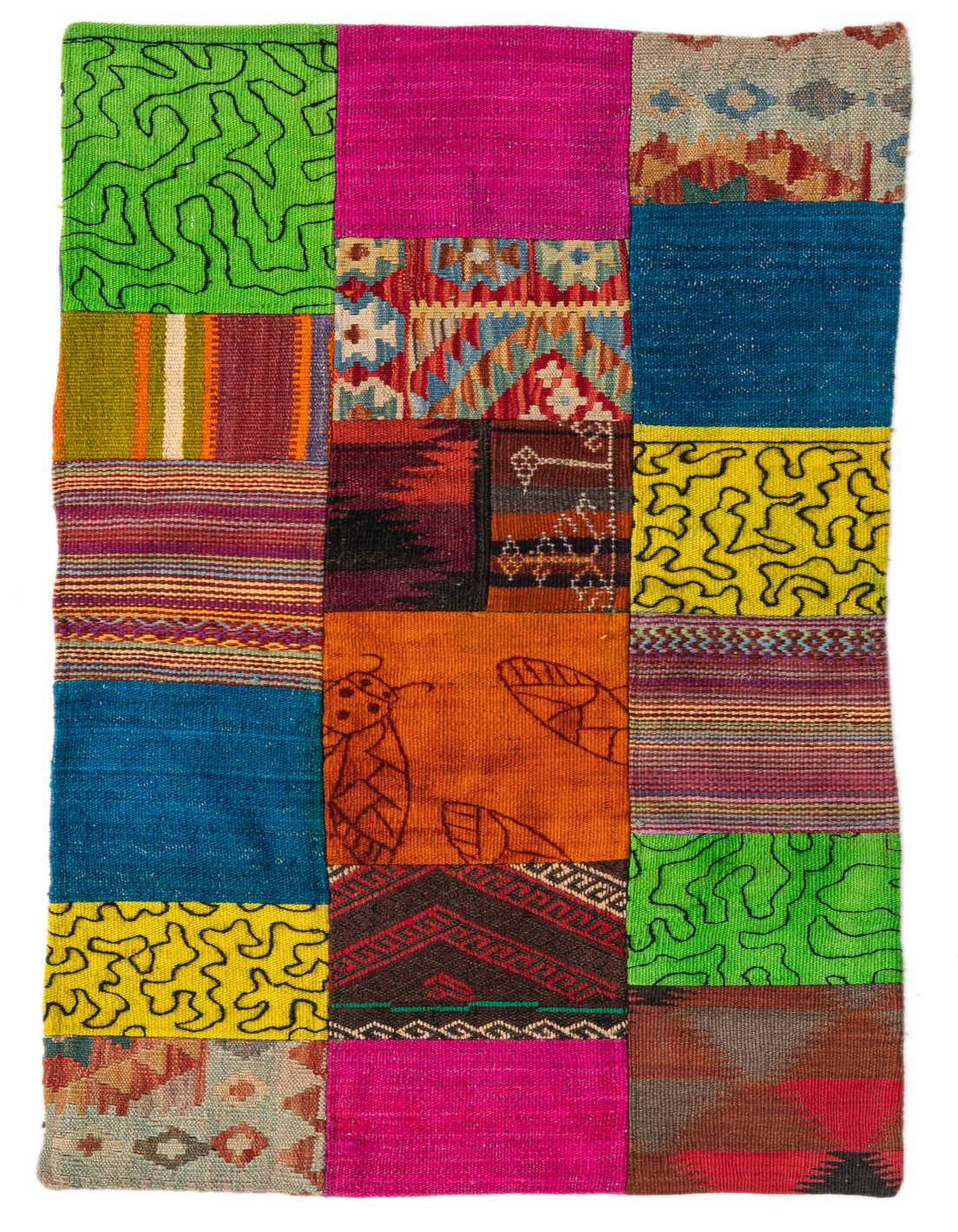 A vibrant 3x4 rectangular Kilim Patchwork rug featuring multi-colored wool patches with tribal, modern, and abstract patterns.