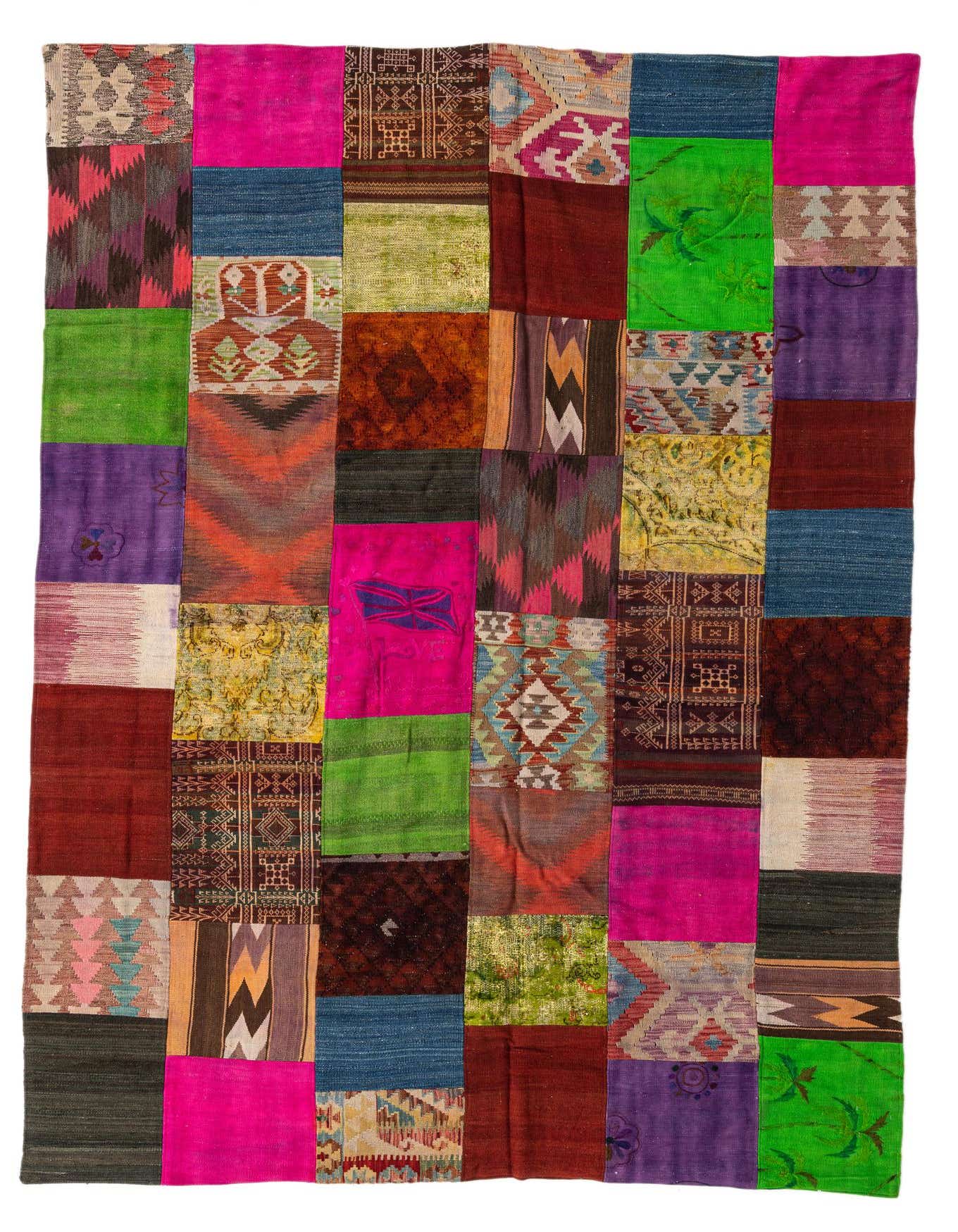 A vibrant 7x10 multi-colored rectangular Kilim Patchwork rug, showcasing various tribal and oriental patterns in bright squares.