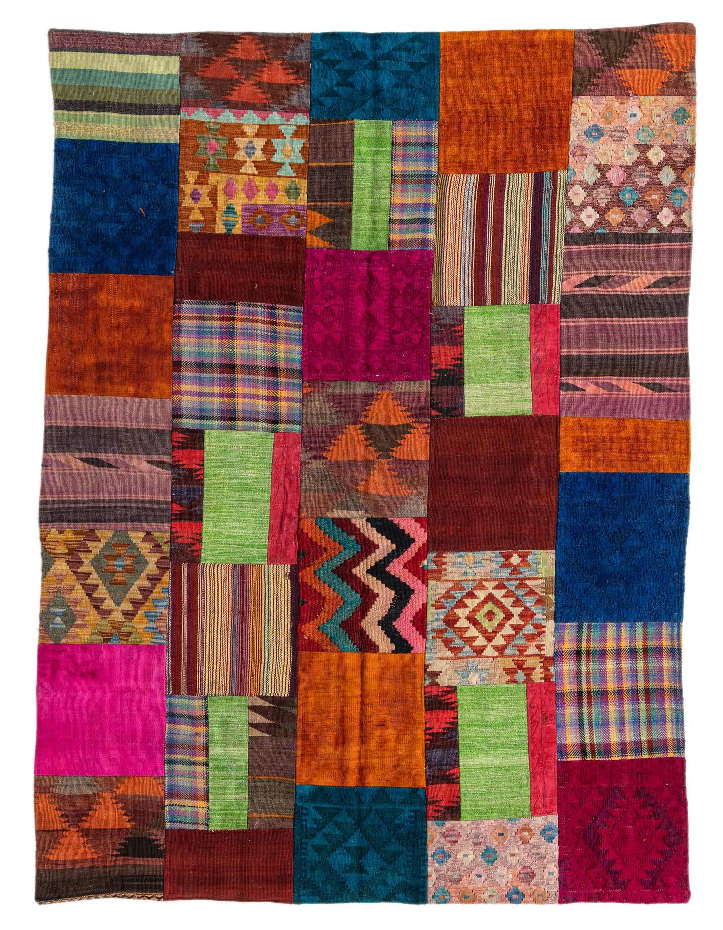A vibrant 5x8 multi-colored rectangular wool rug featuring a patchwork of tribal, striped, and abstract patterns in various hues.