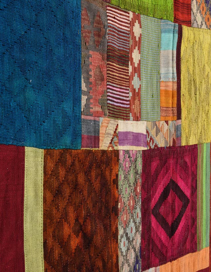 Detail image of  5' 4 x 8' 4  Hand Woven Kilim Patchwork Wool Rug