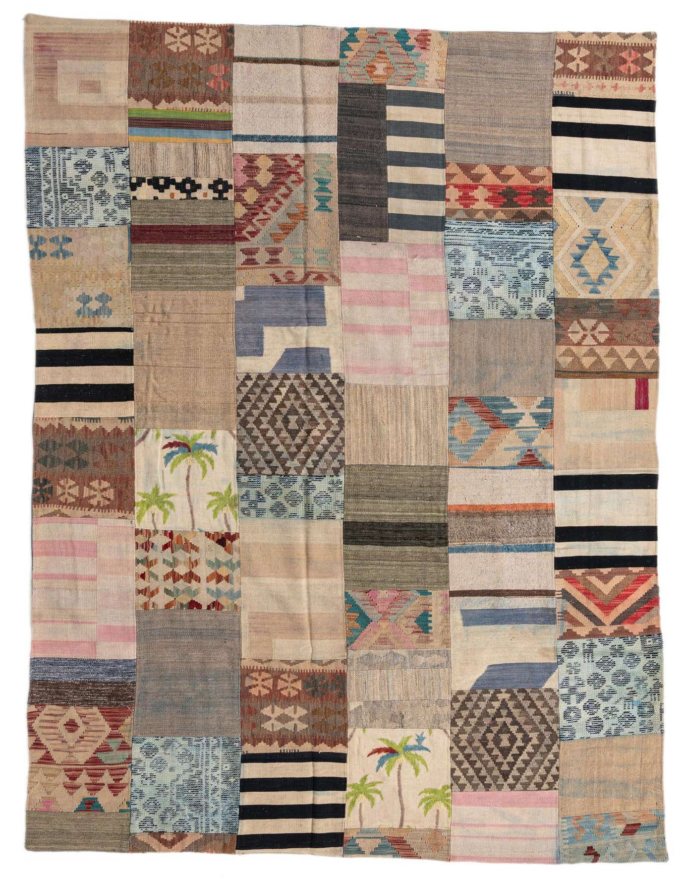 A 7x10 multi-colored rectangular Kilim Patchwork rug with Southwestern, tribal, and abstract patterns, handmade from wool.