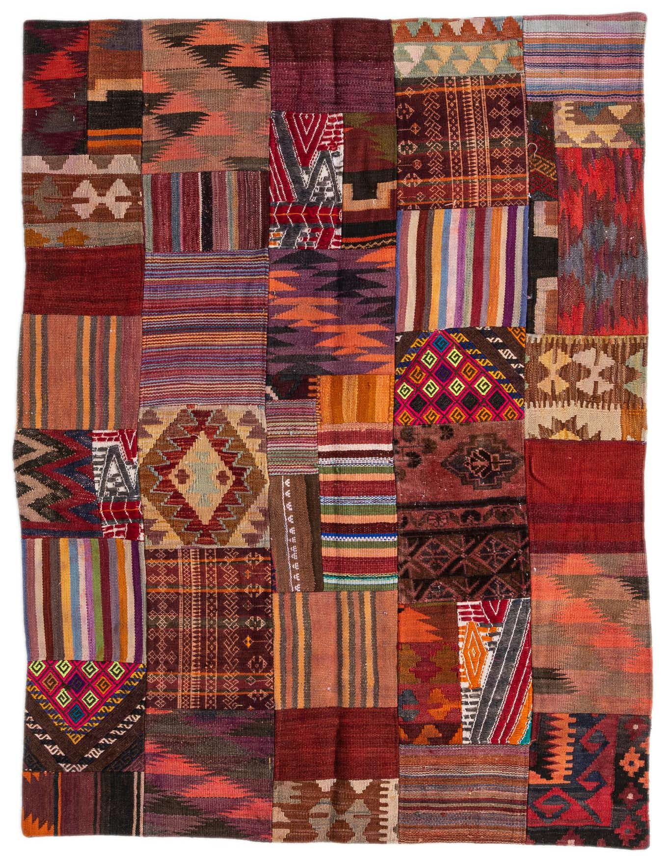 A 4x6 multi-colored rectangular Kilim Patchwork wool rug with Southwestern and tribal patterns, ideal for a living room.