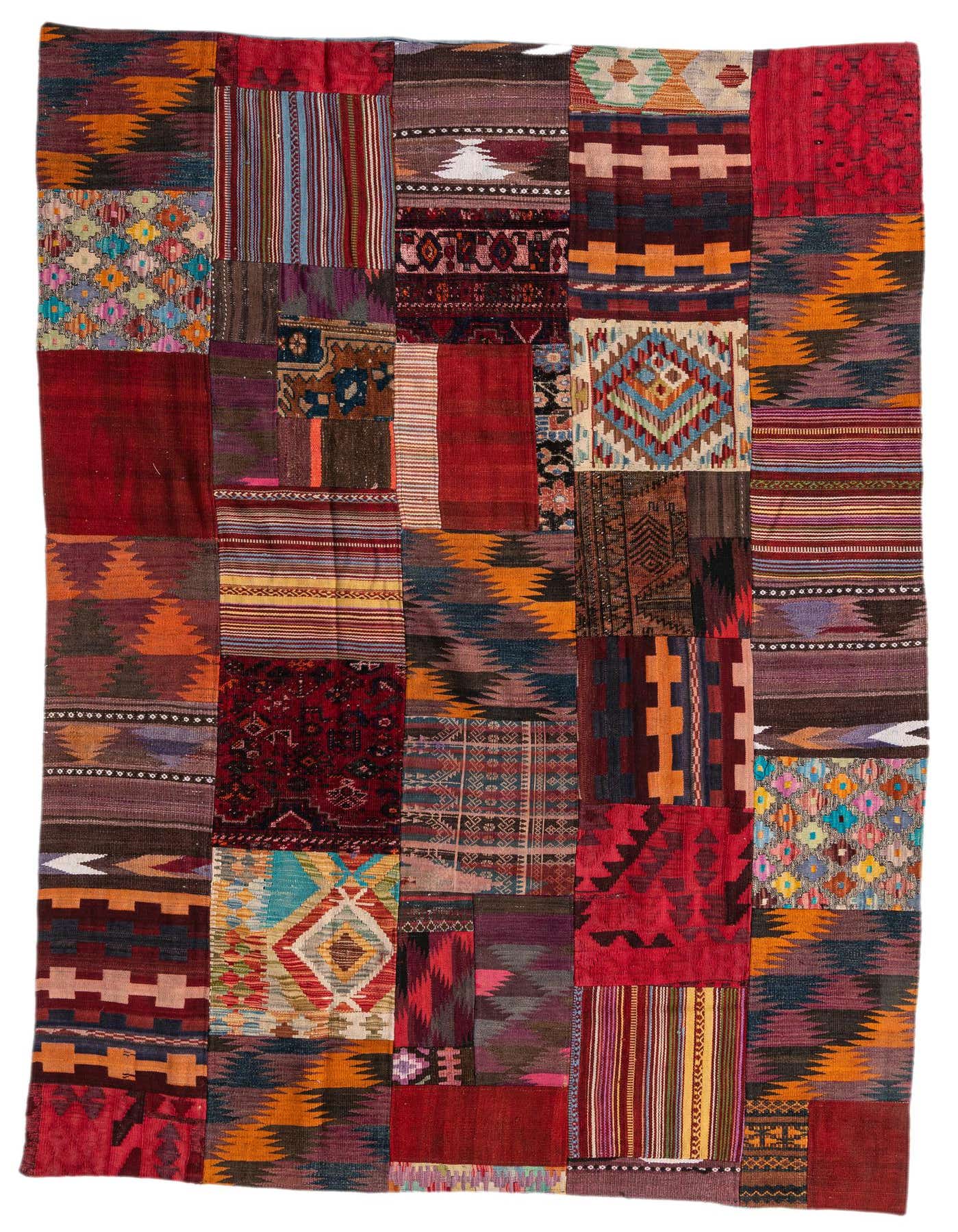 A vibrant 5x8 multi-colored rectangular Kilim Patchwork rug with Southwestern and tribal patterns, handmade from wool.