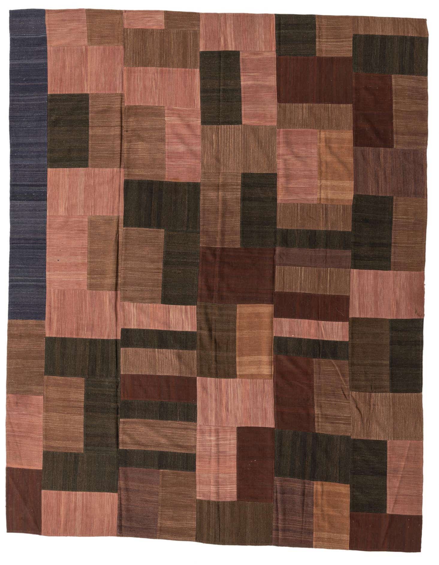 A 9x12 rectangular Kilim Patchwork rug featuring a multi-colored abstract design with various shades of brown, pink, and dark blue patches.