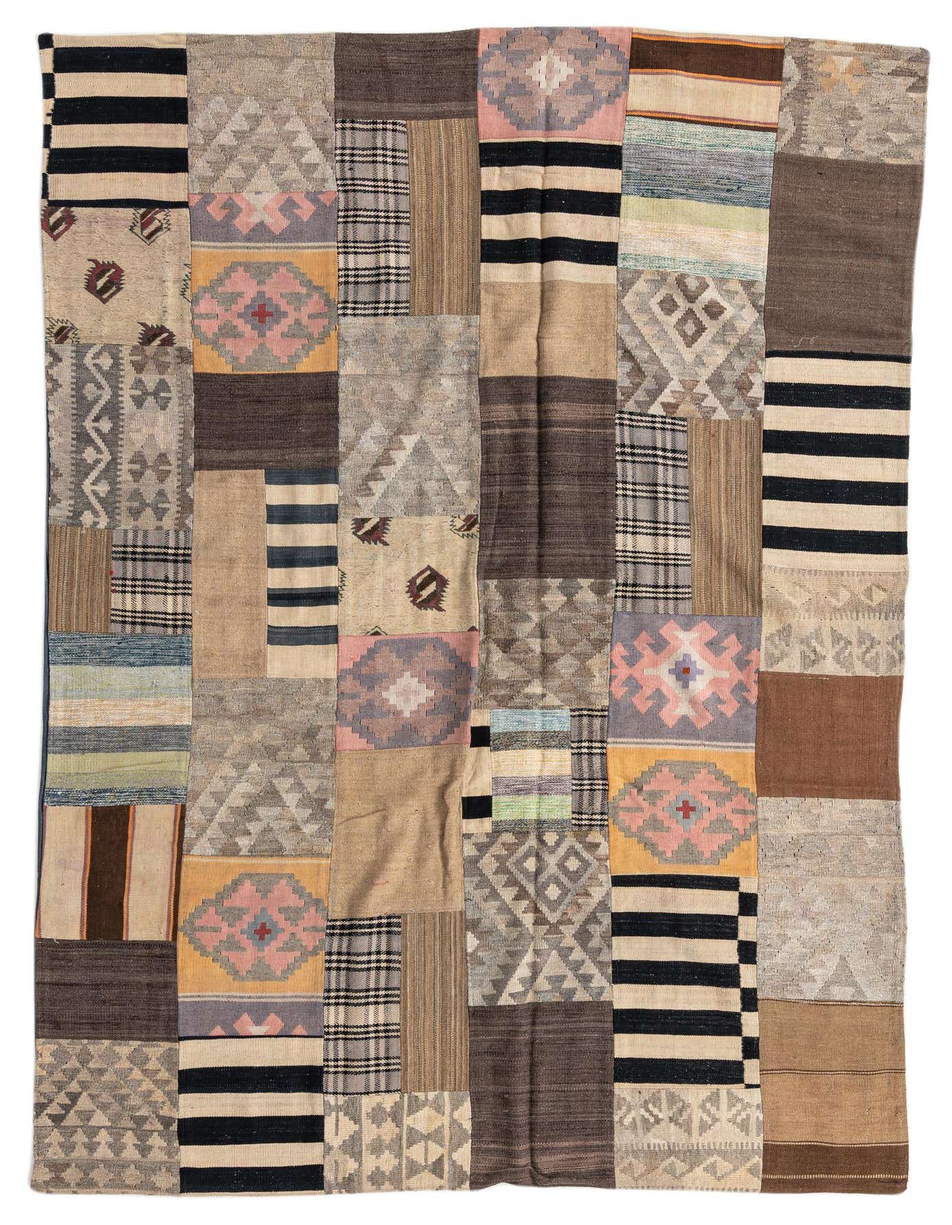 A 7x10 rectangular Kilim Patchwork rug with a multi-colored tribal and abstract design, perfect for a living room.