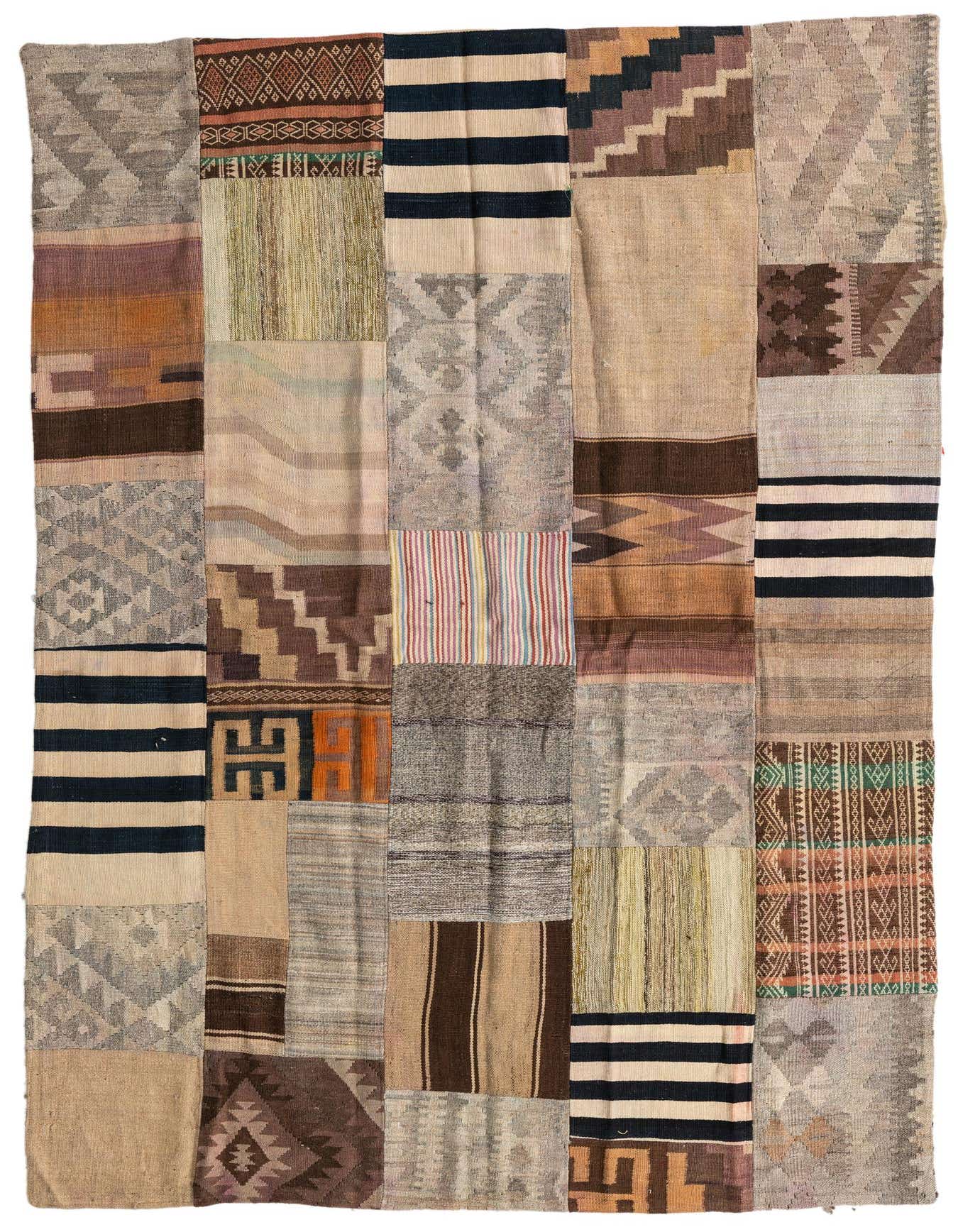 A 5x8 multi-colored rectangular Kilim Patchwork rug with various Southwestern and tribal patterns, ideal for a living room.
