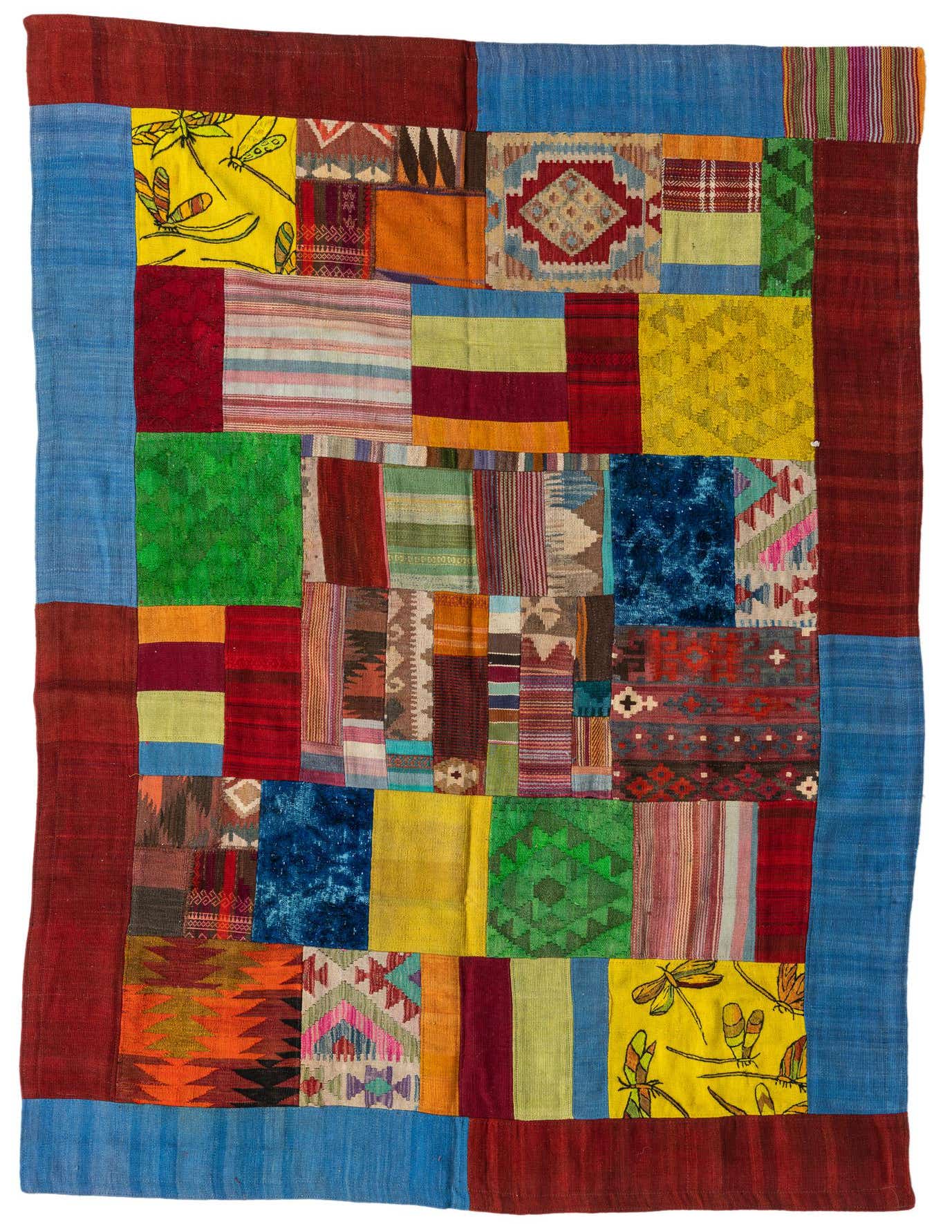 A vibrant 5x8 multi-colored rectangular Kilim patchwork rug with a mix of tribal, abstract, and striped patterns, featuring a red and blue border.