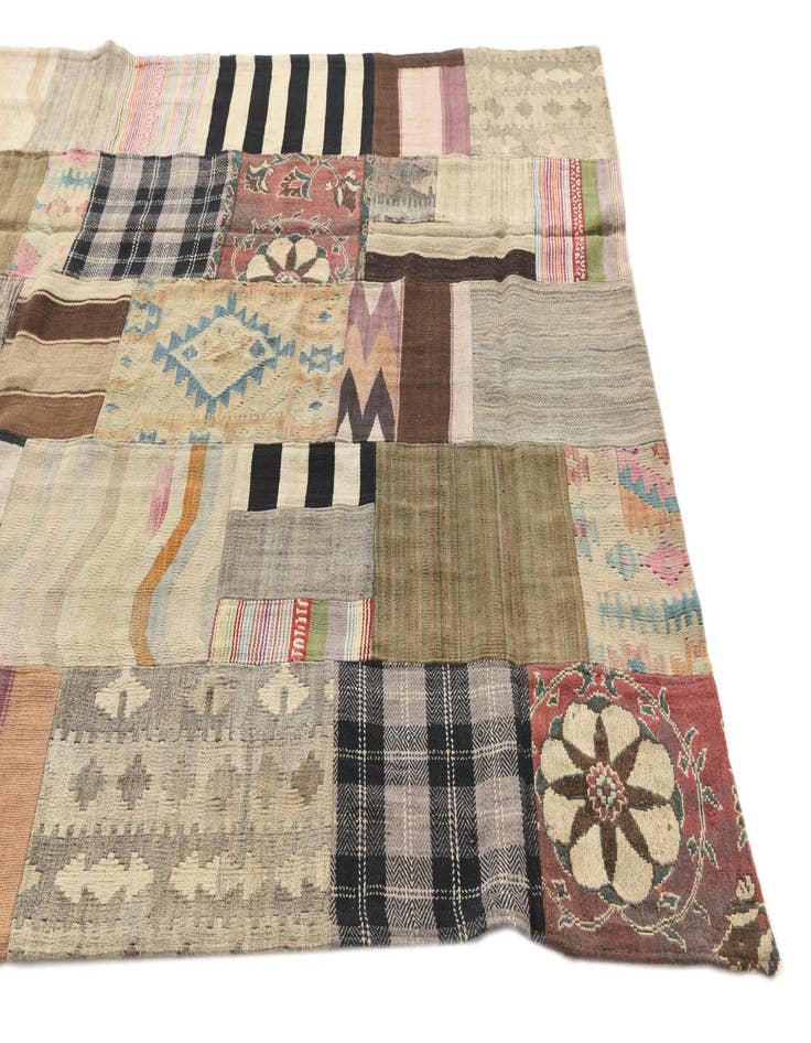 Detail image of  5' 4 x 8' 2  Hand Woven Kilim Patchwork Wool Rug