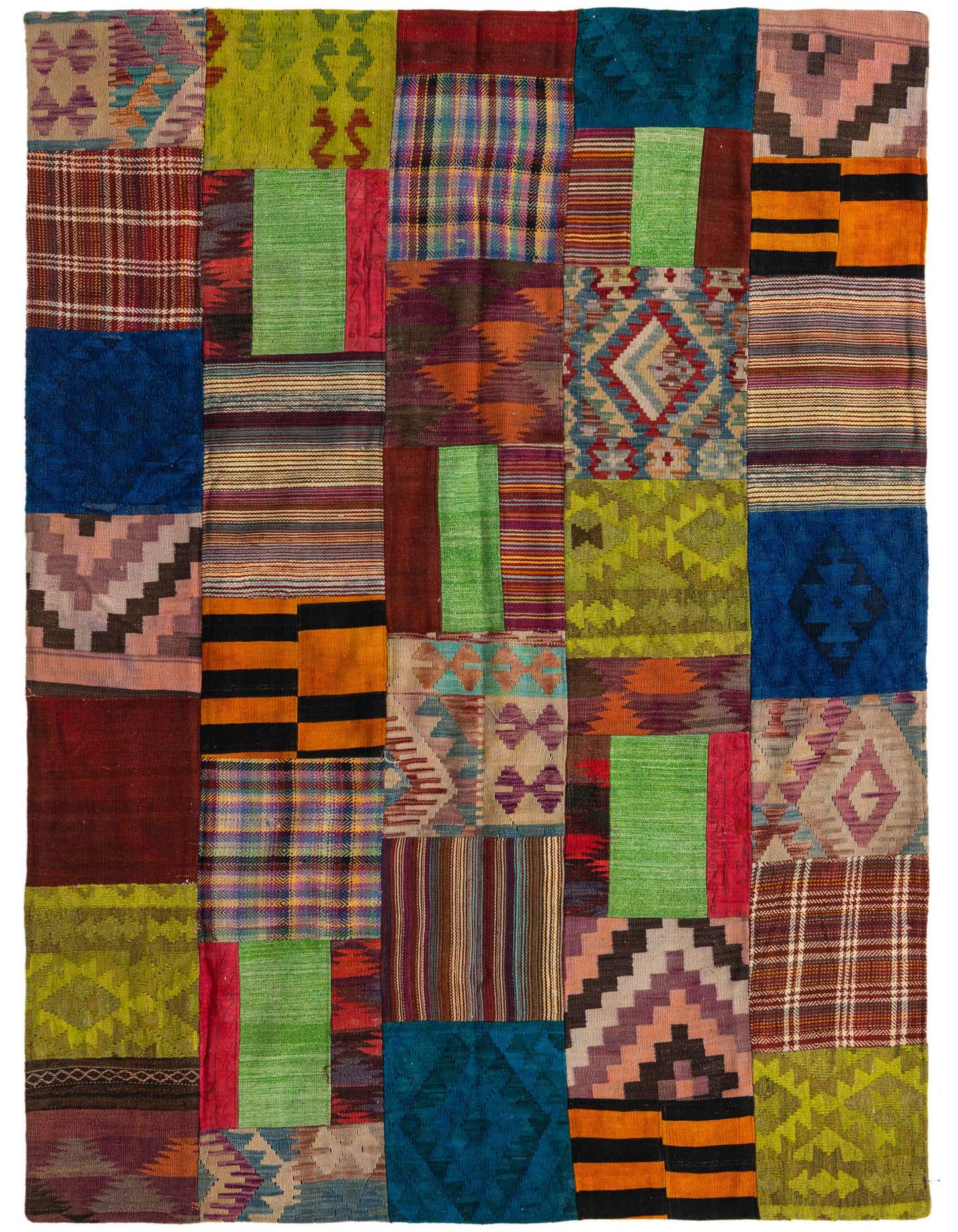 A vibrant 5x8 multi-colored rectangular Kilim Patchwork rug, handmade with various tribal and abstract wool patches.