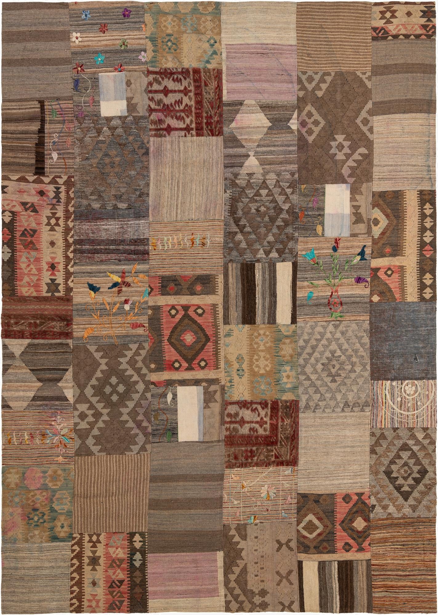  7' 2 x 10'  Hand Woven Kilim Patchwork Wool Rug
