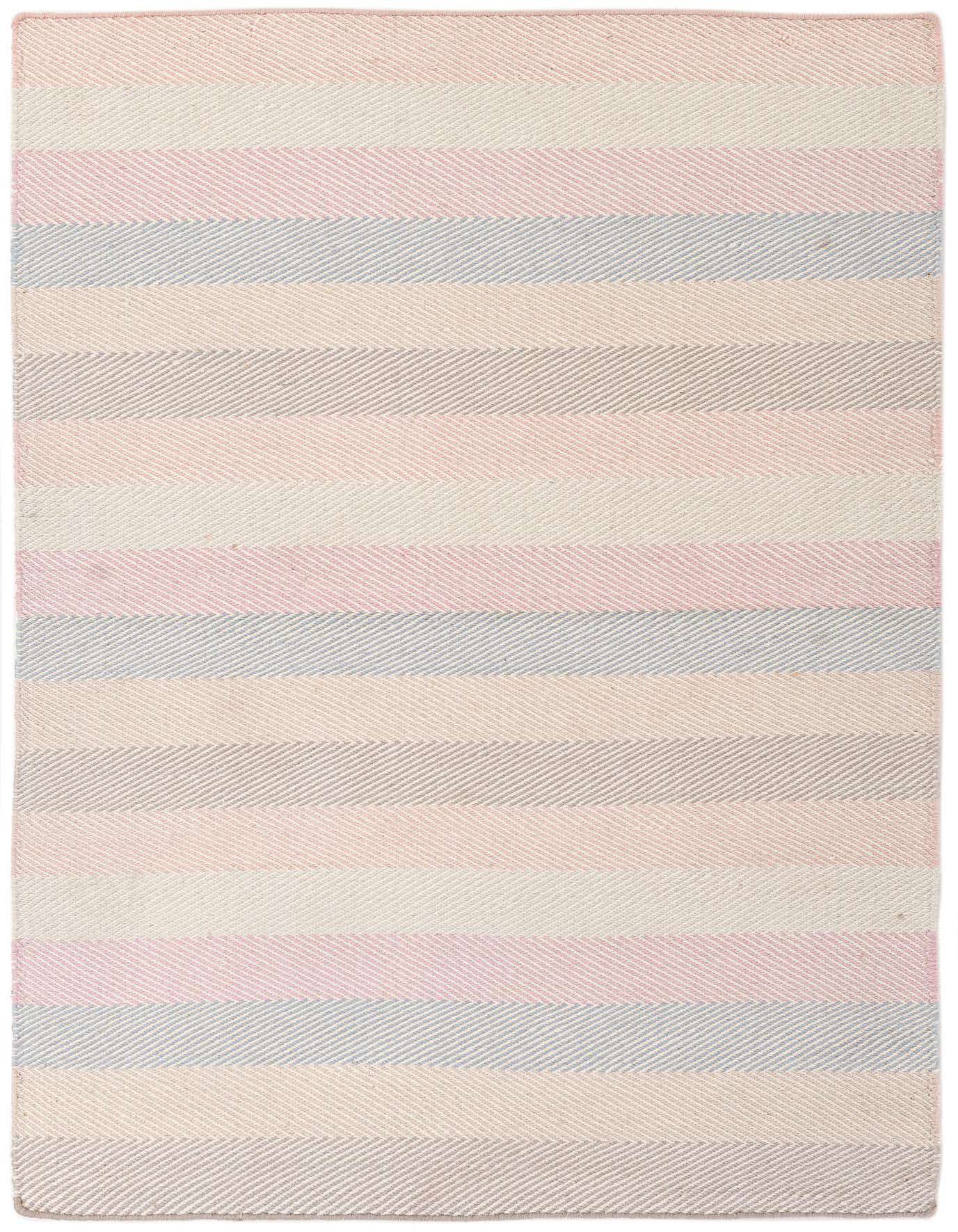 A 4x6 rectangular Kilim rug featuring horizontal stripes in soft multi-colors including pink, blue, beige, and grey.