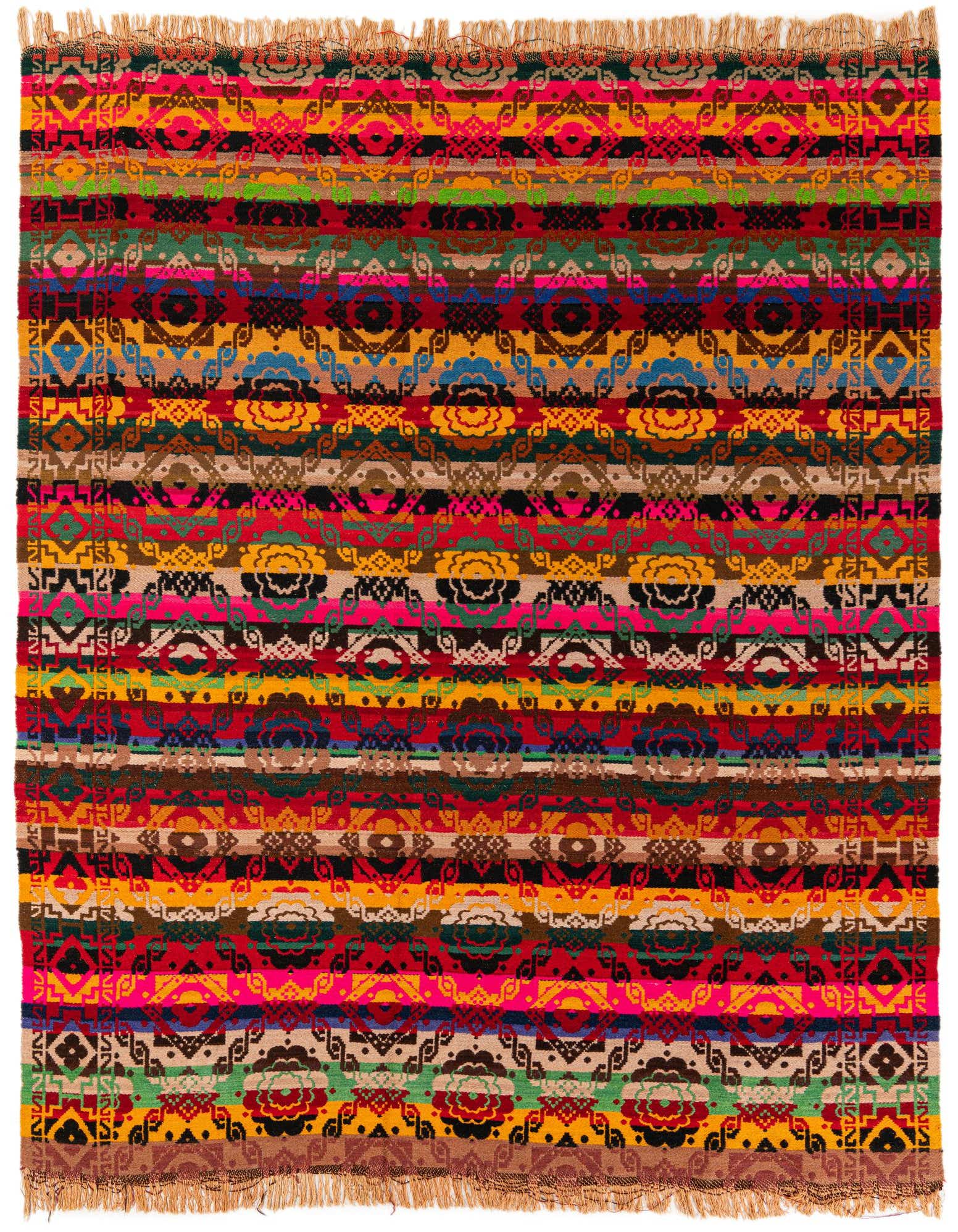 A vibrant 8x10 multi-colored Kilim wool rug with a bold tribal pattern, featuring horizontal stripes of geometric shapes and floral motifs in red, yellow, blue, green, and black, with fringed edges.